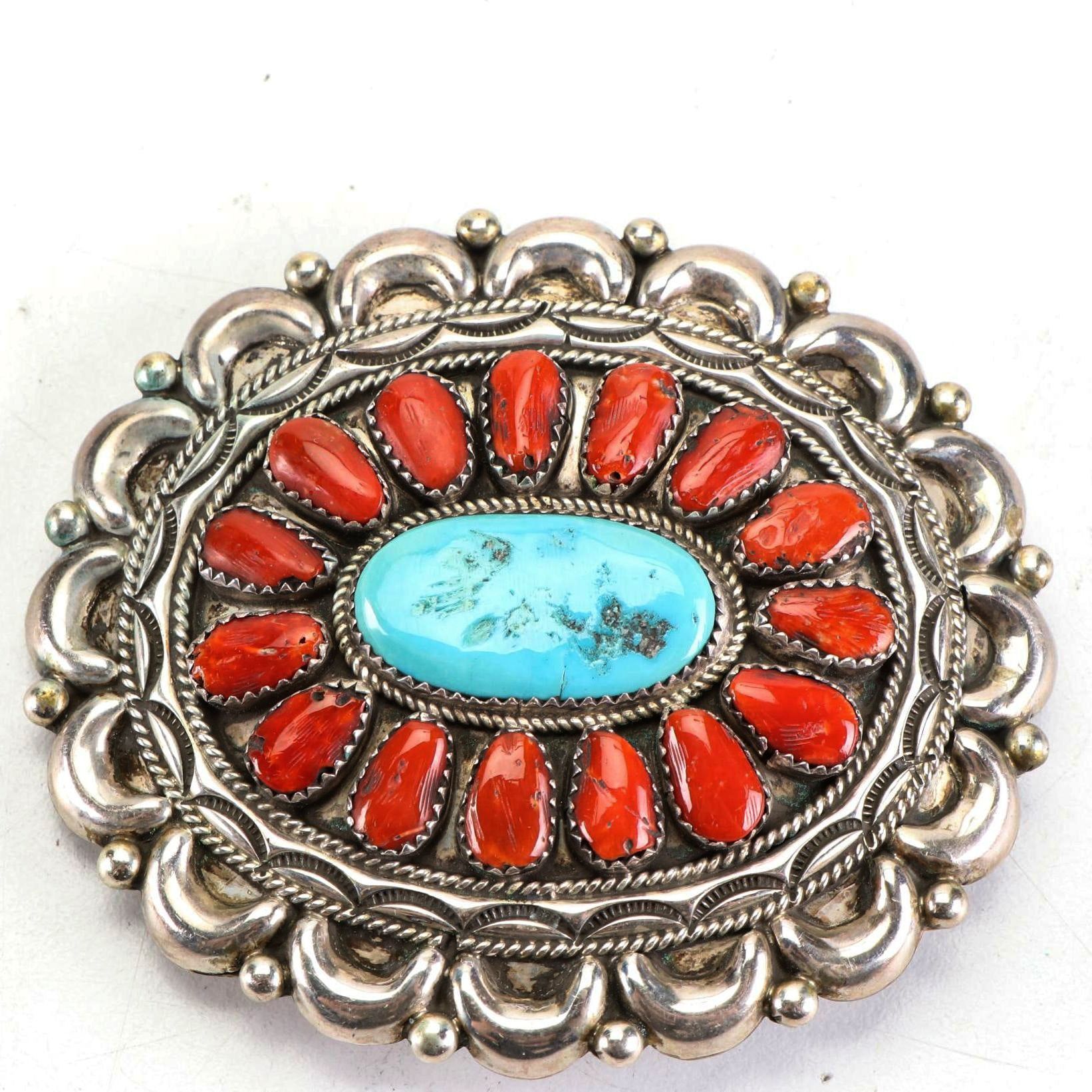 J & E Wilson Navajo Sterling Silver, Turquoise, and Coral Belt Buckle