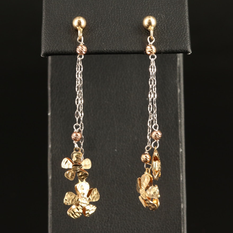 14K Floral Drop Earrings with Diamond Cut Finish