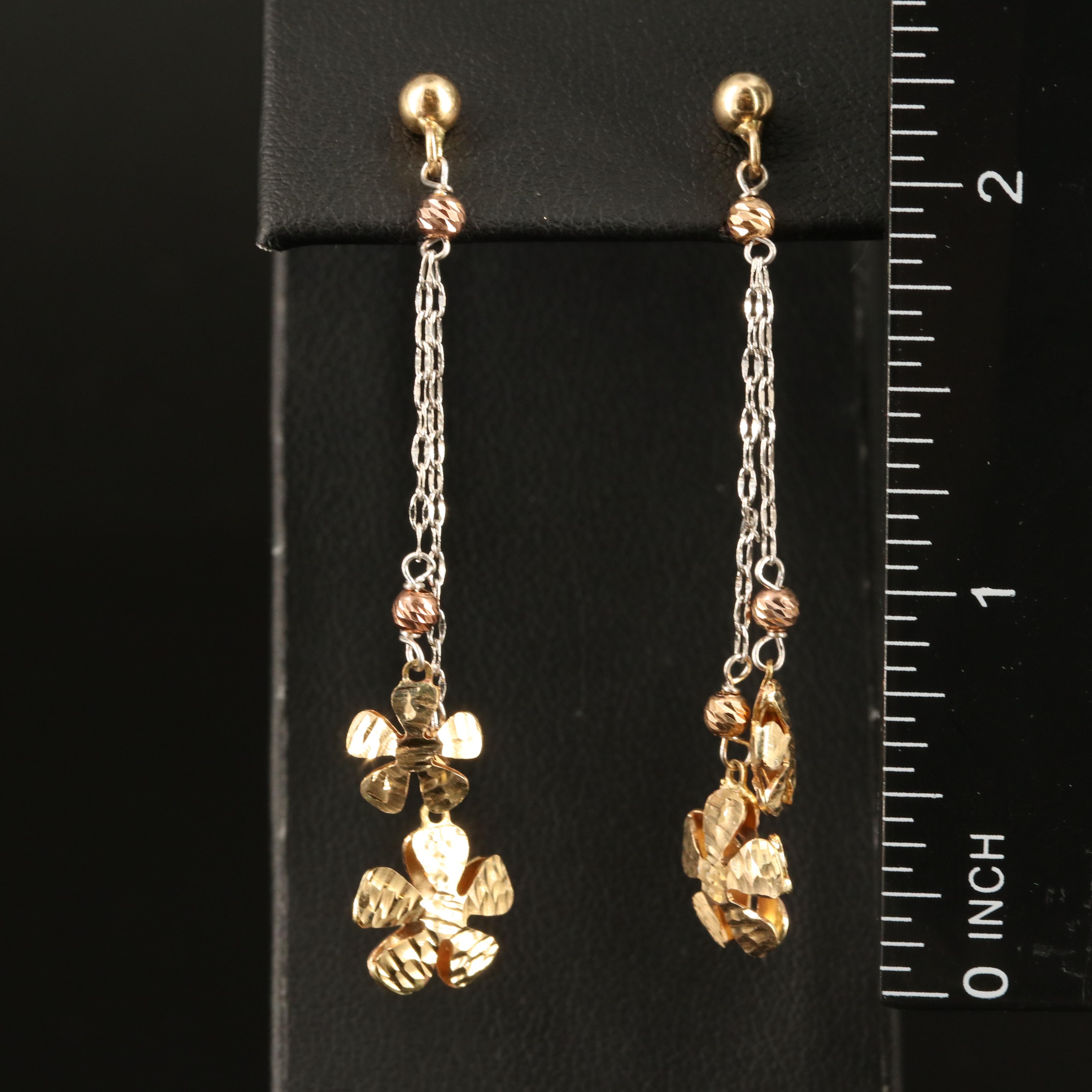 14K Floral Drop Earrings with Diamond Cut Finish