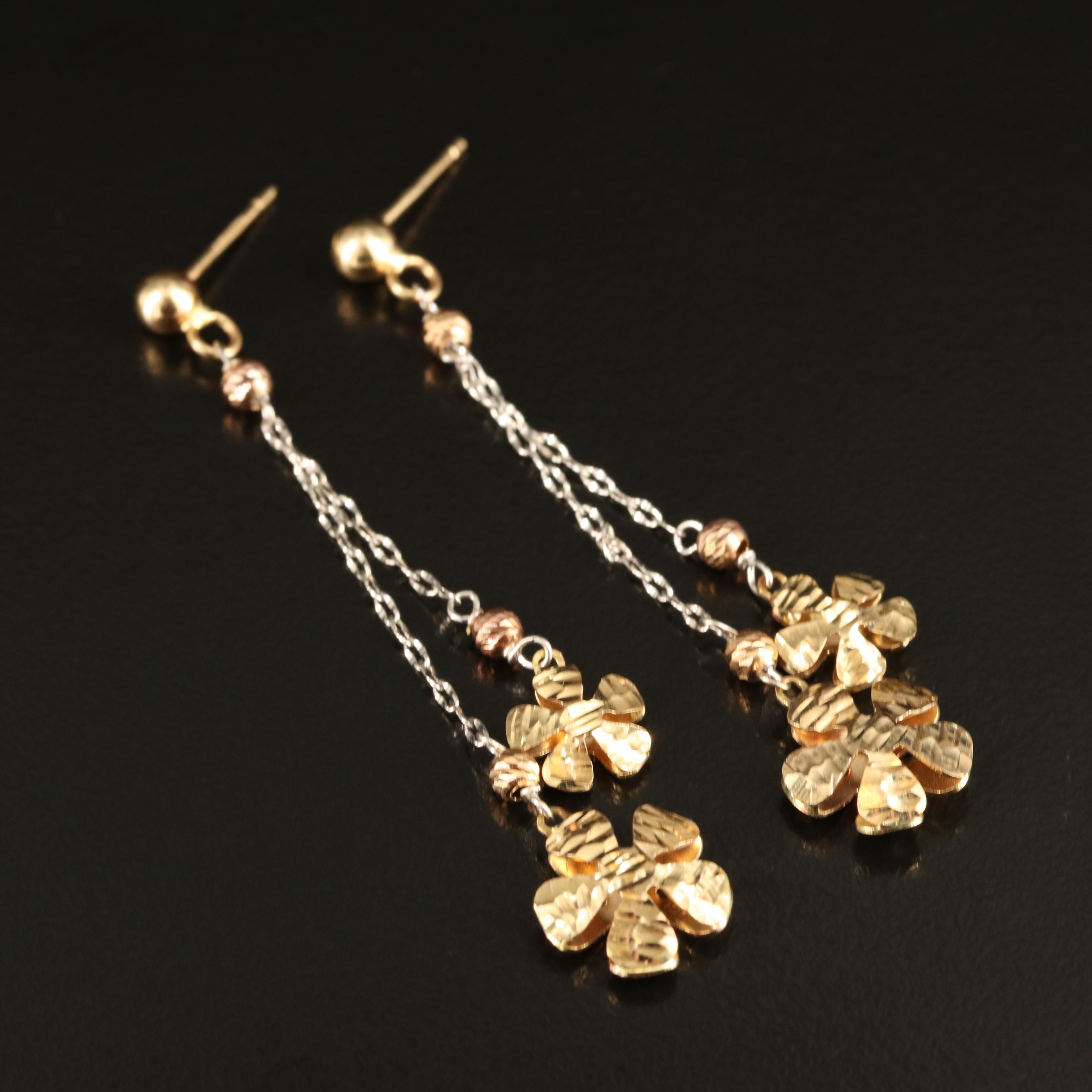 14K Floral Drop Earrings with Diamond Cut Finish