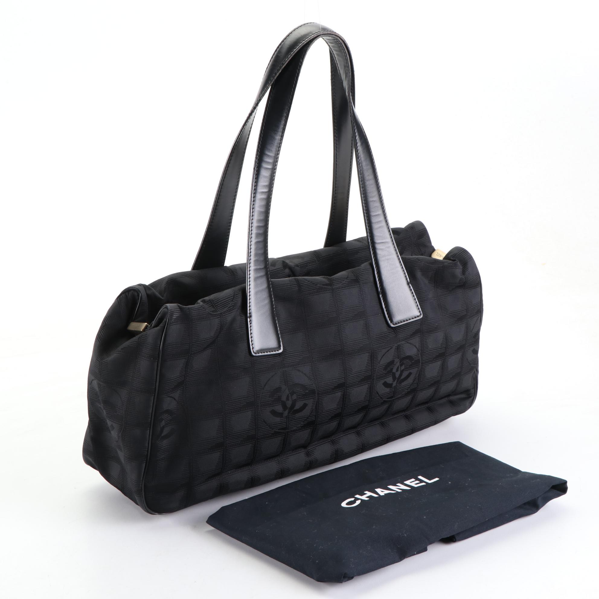 Chanel Travel Line Shoulder Bag in Black Nylon Jacquard and Leather
