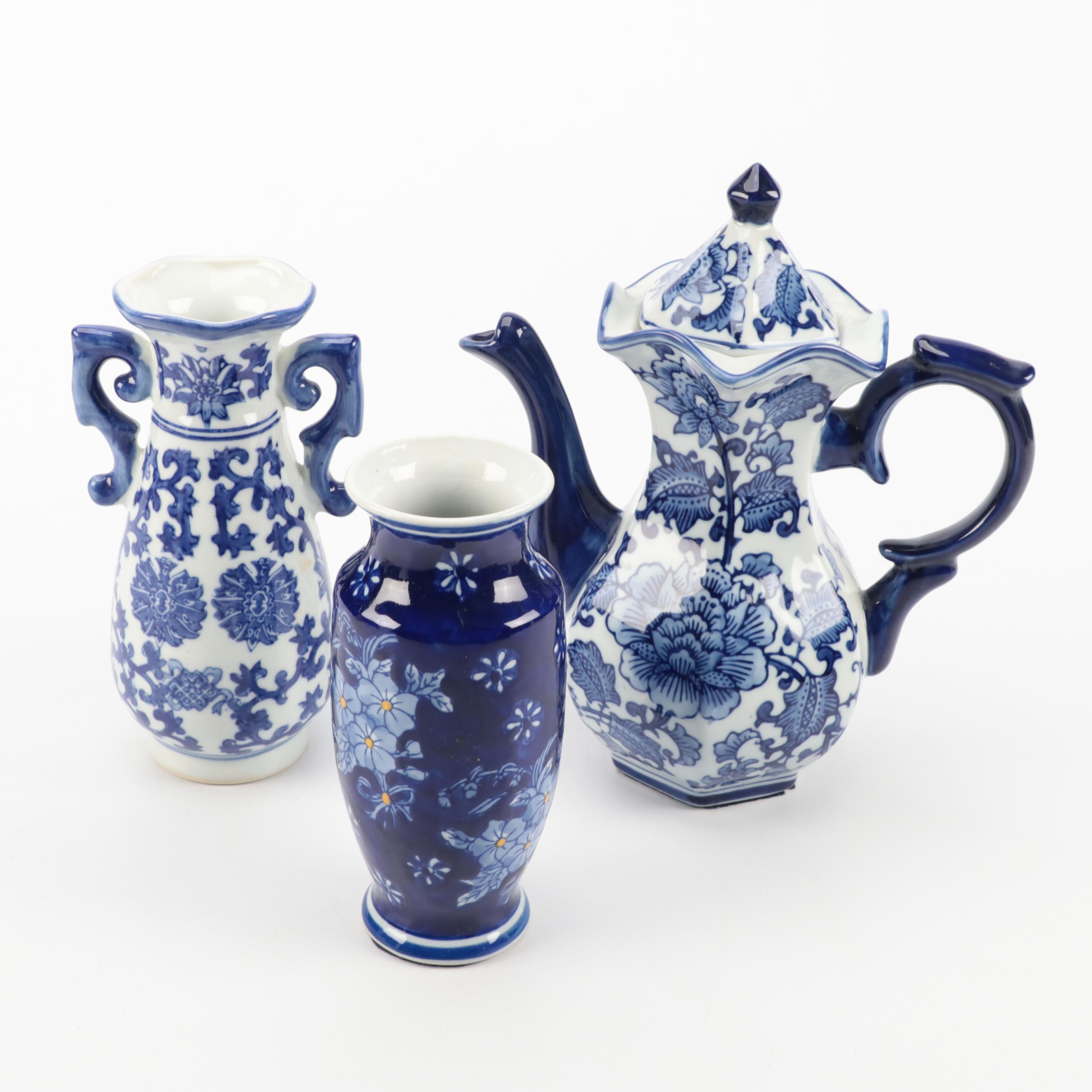 Bombay Co. Chinese Blue and Porcelain Jar with Other Vases and Teapot