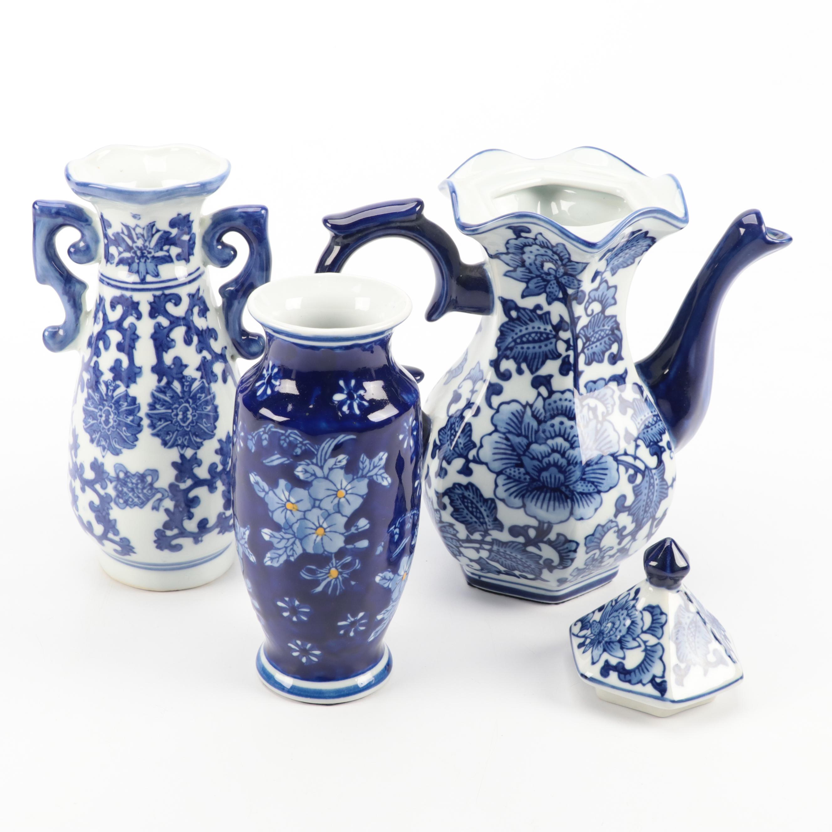 Bombay Co. Chinese Blue and Porcelain Jar with Other Vases and Teapot