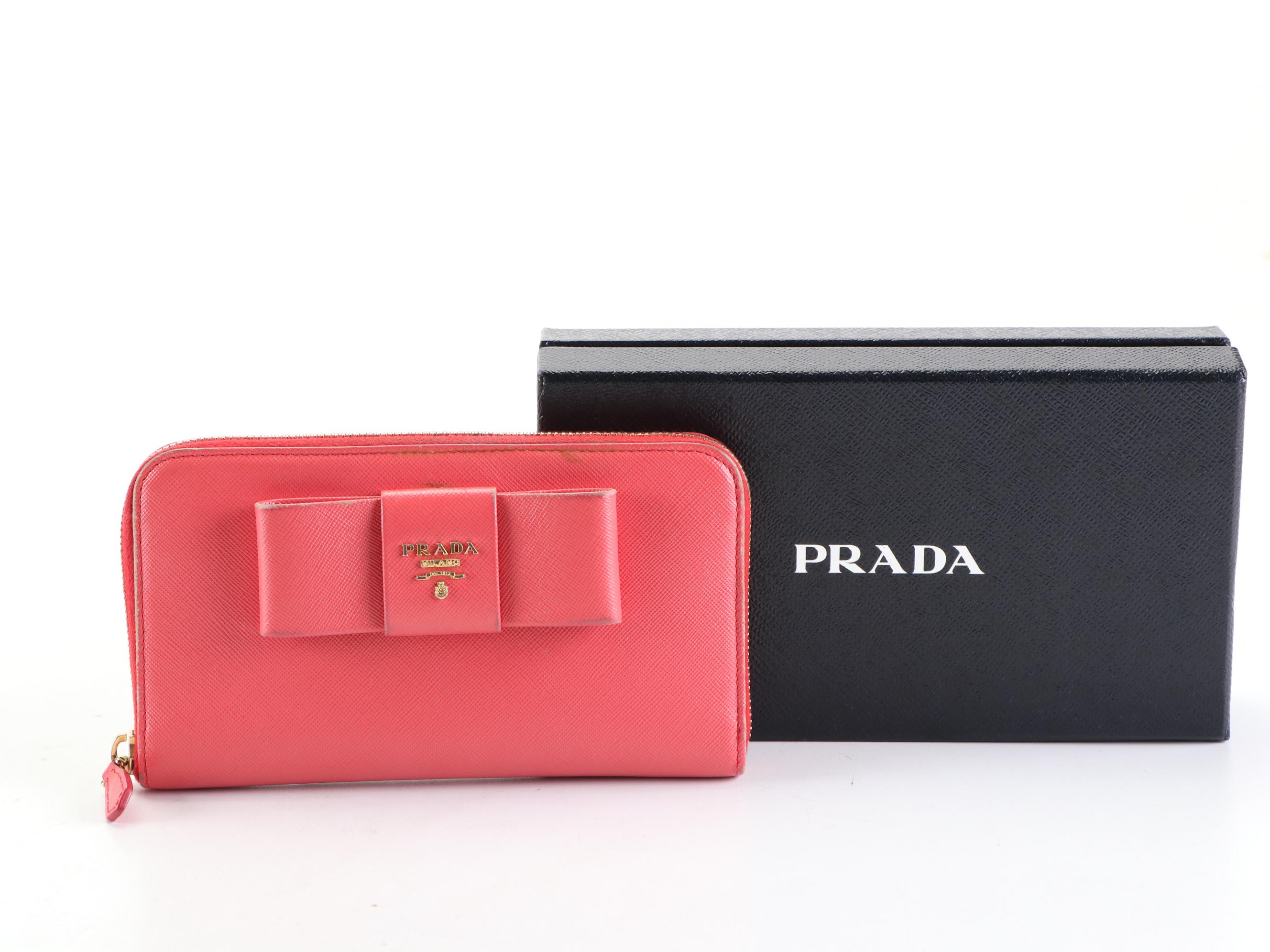 Prada Bow Wallet in Fragola Saffiano Leather with Box