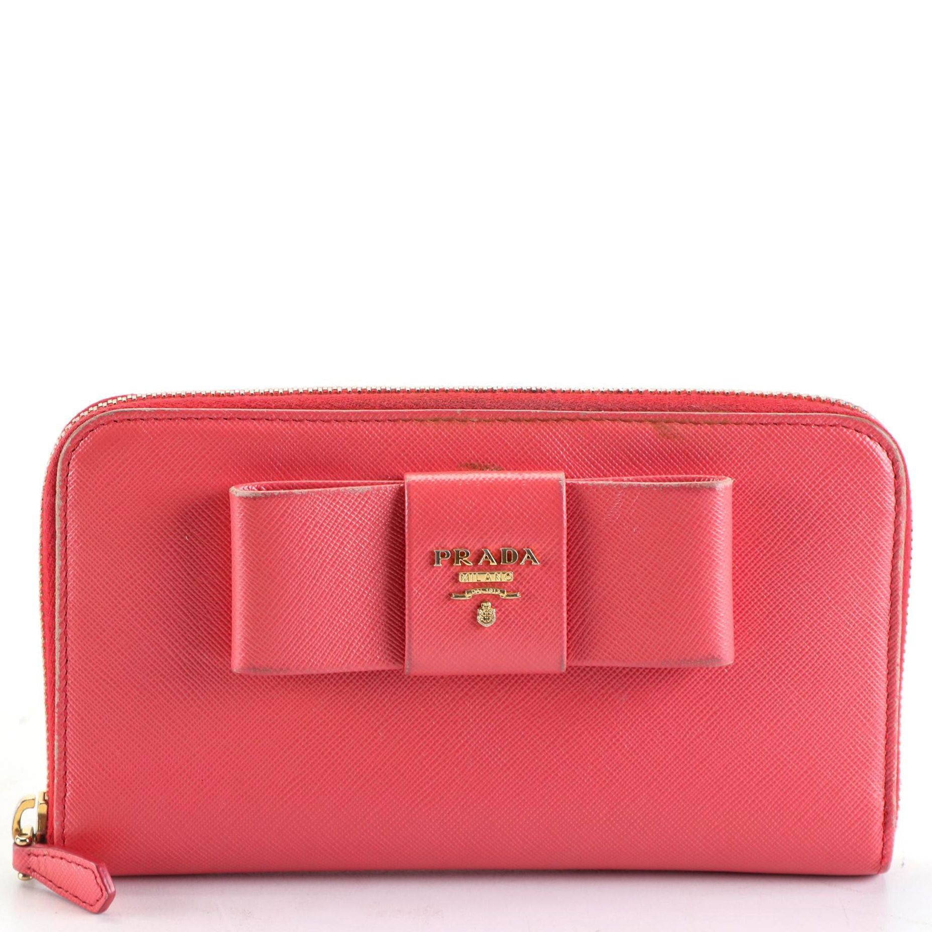 Prada Bow Wallet in Fragola Saffiano Leather with Box