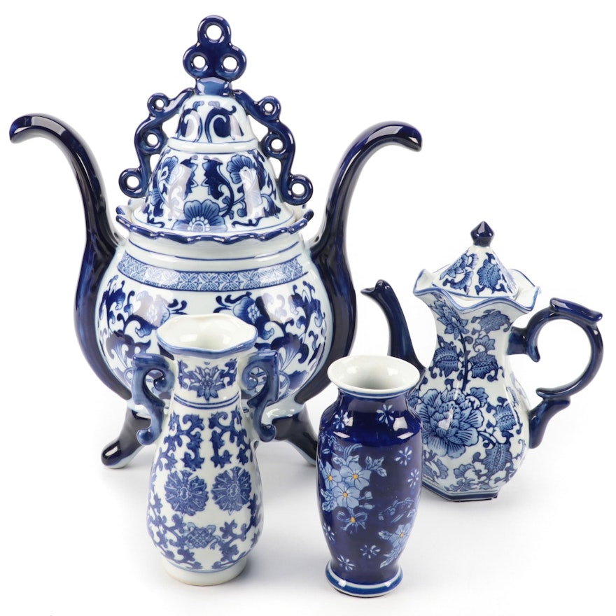 Bombay Co. Chinese Blue and Porcelain Jar with Other Vases and Teapot