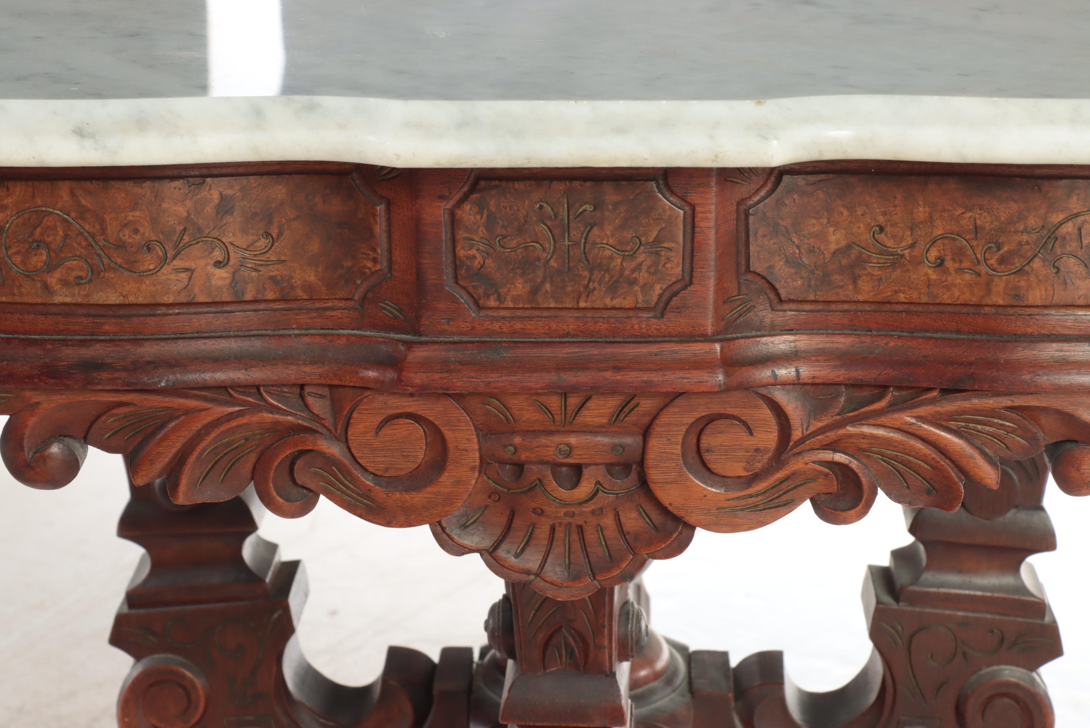 Victorian Renaissance Revival Walnut, Burl Walnut and Marble-Top Lamp Table