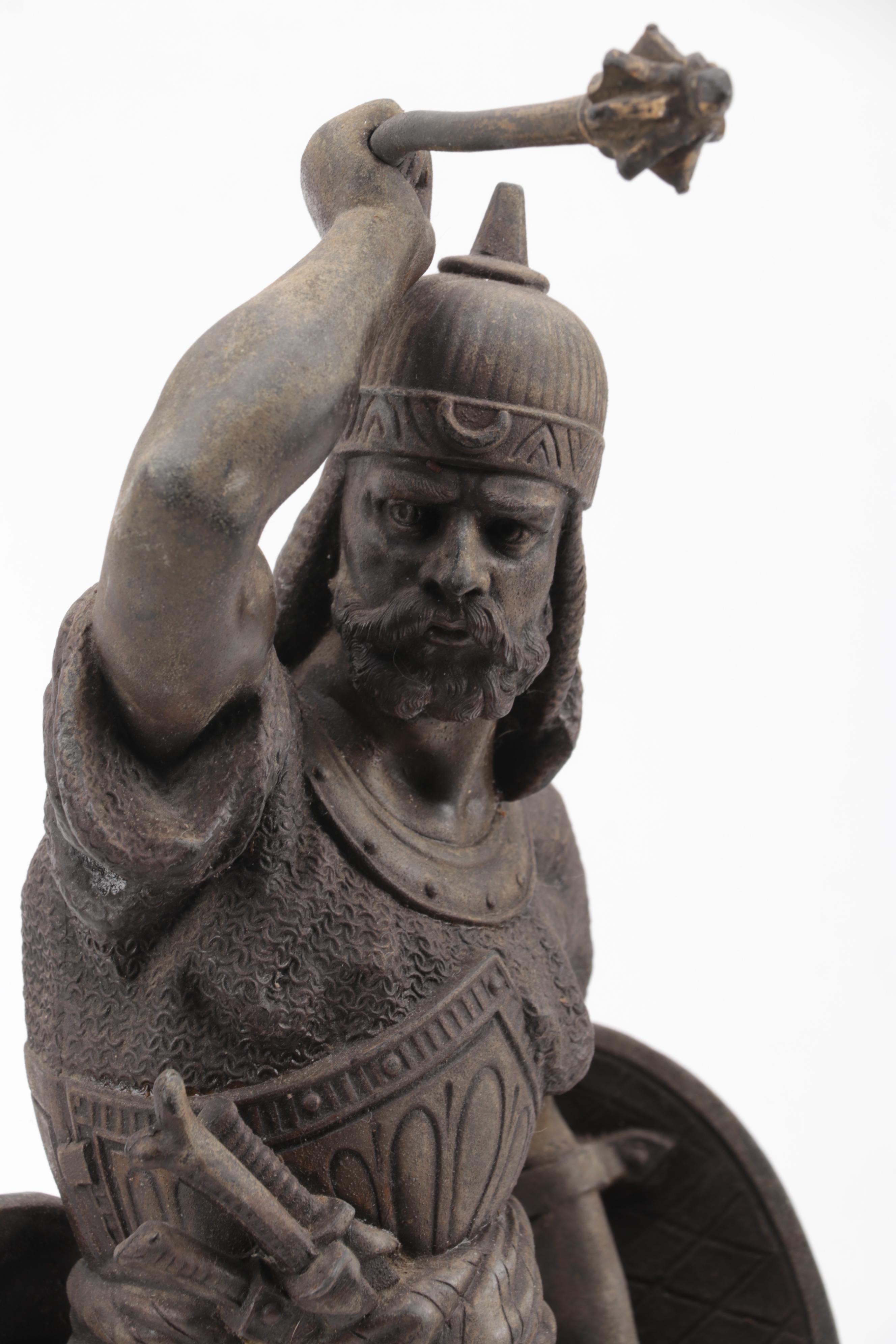 Cast Metal Sculpture of a Warrior Woth Shield and Weapon