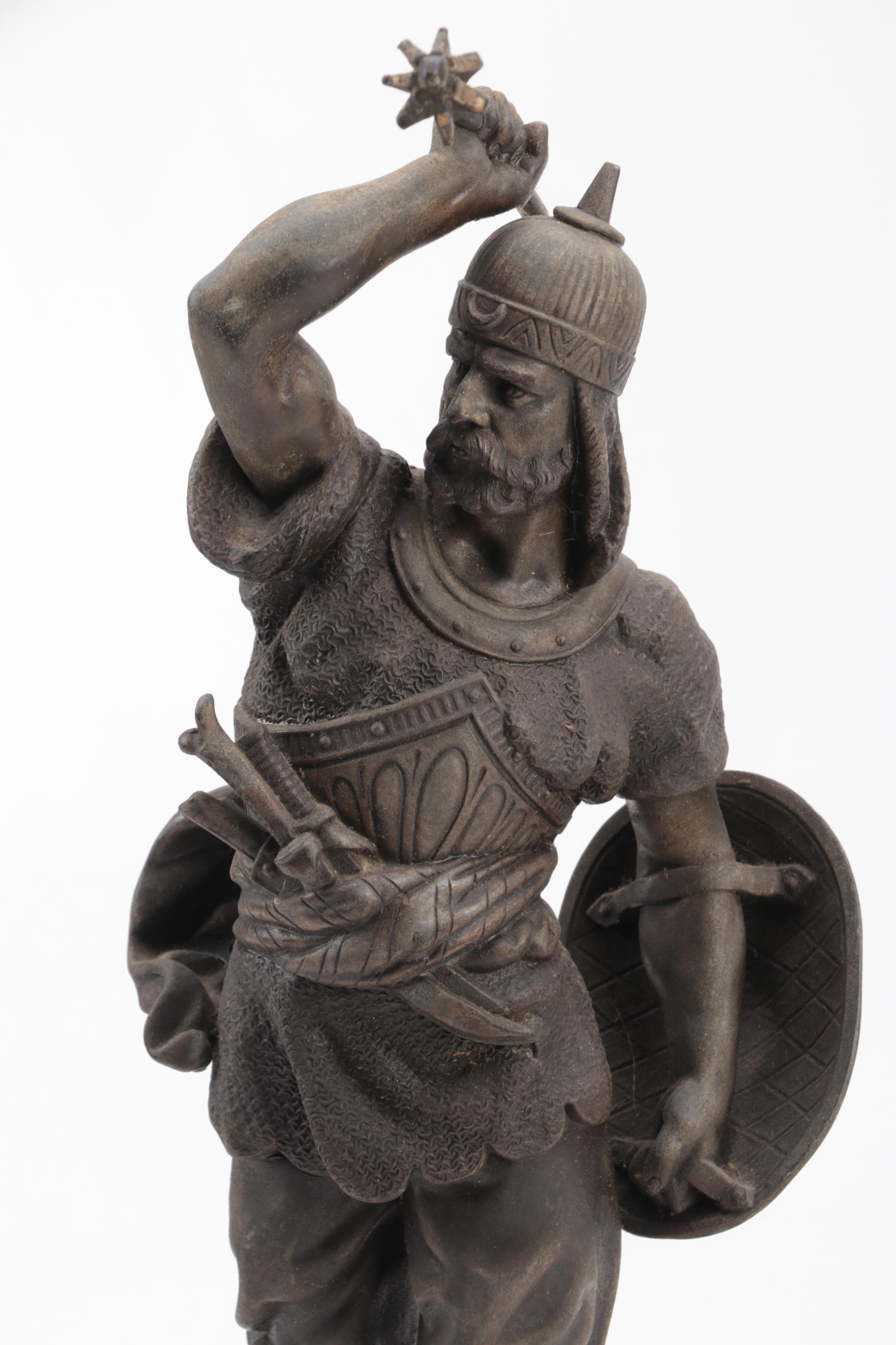 Cast Metal Sculpture of a Warrior Woth Shield and Weapon