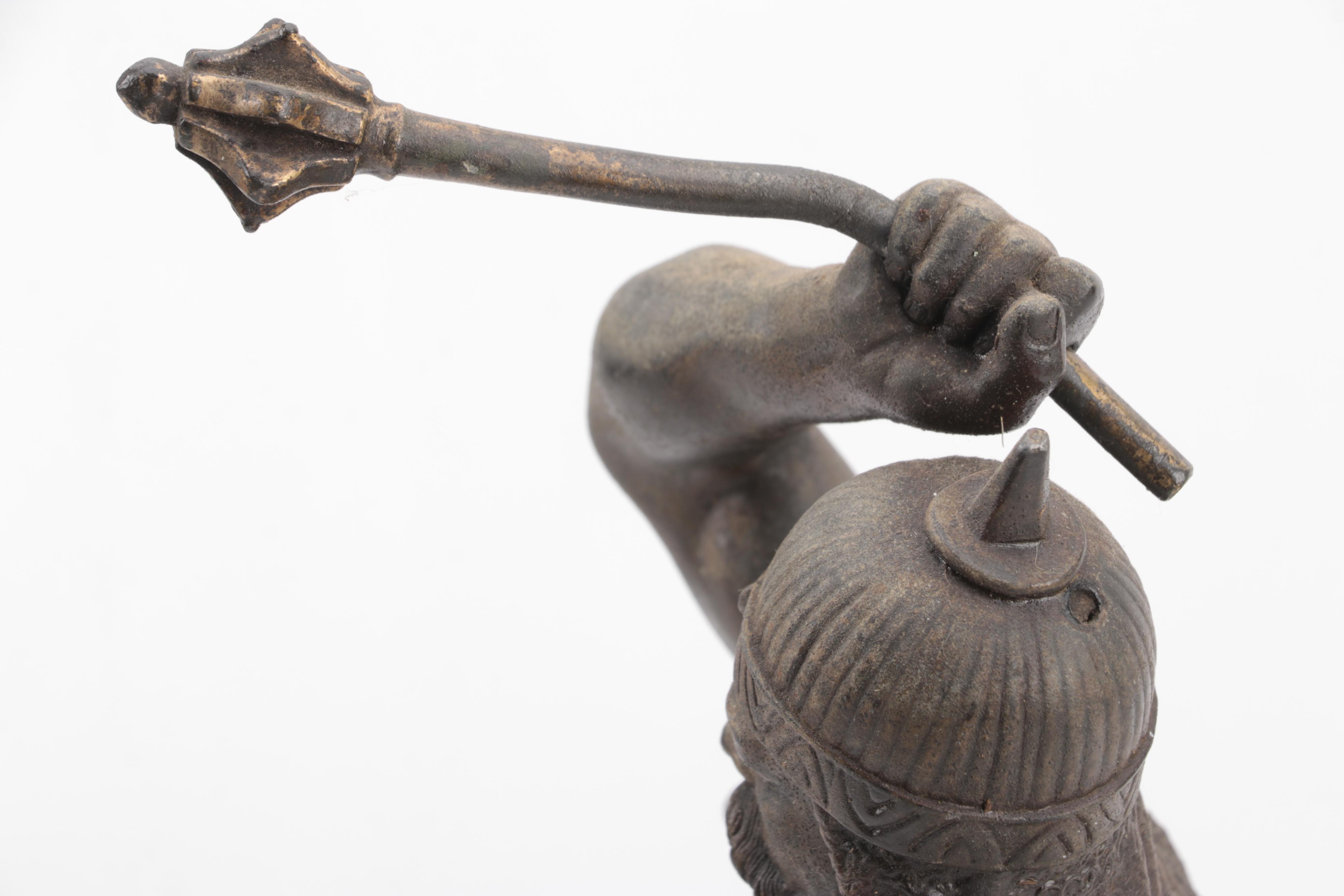 Cast Metal Sculpture of a Warrior Woth Shield and Weapon