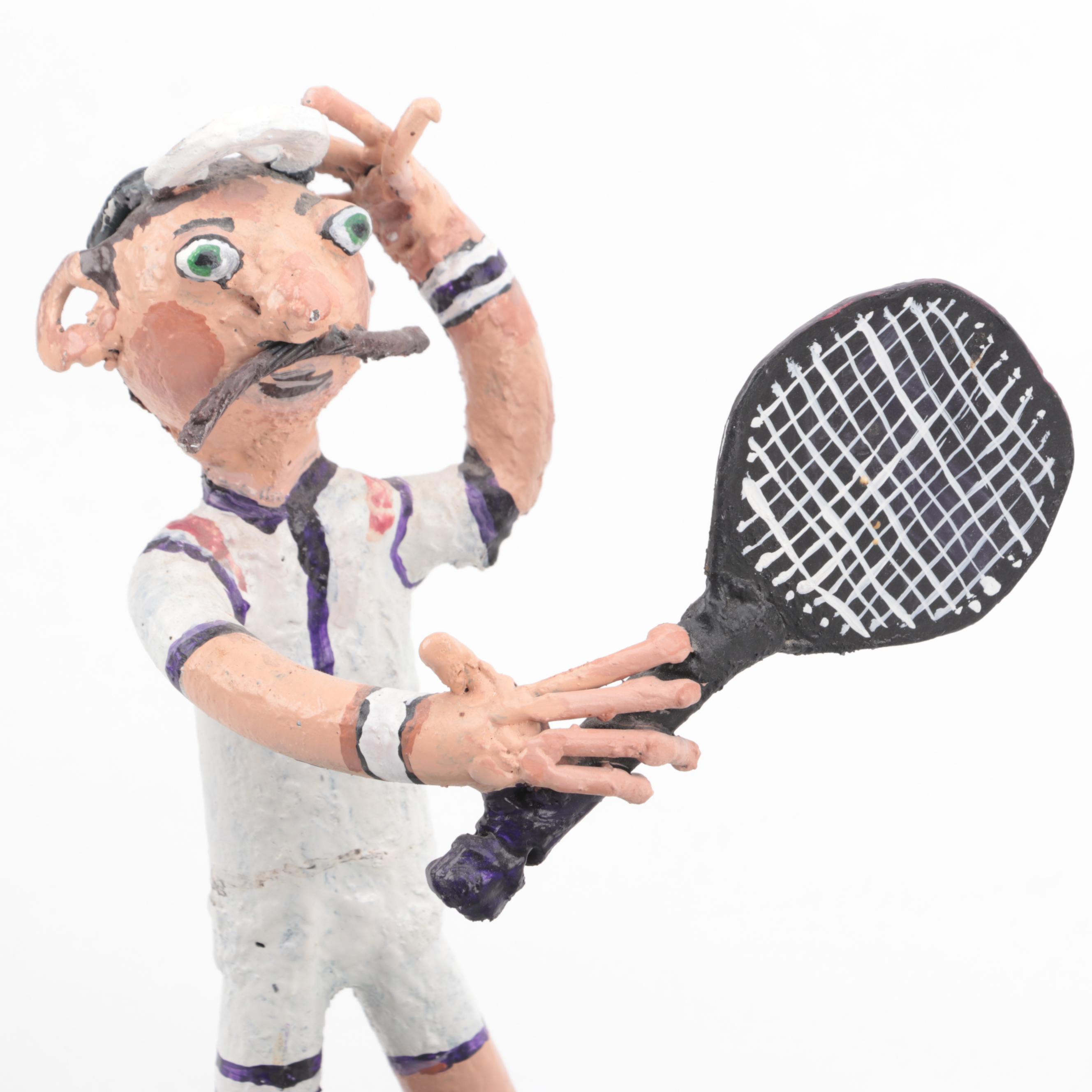 Hand Painted Metal Sculpture of Tennis Players