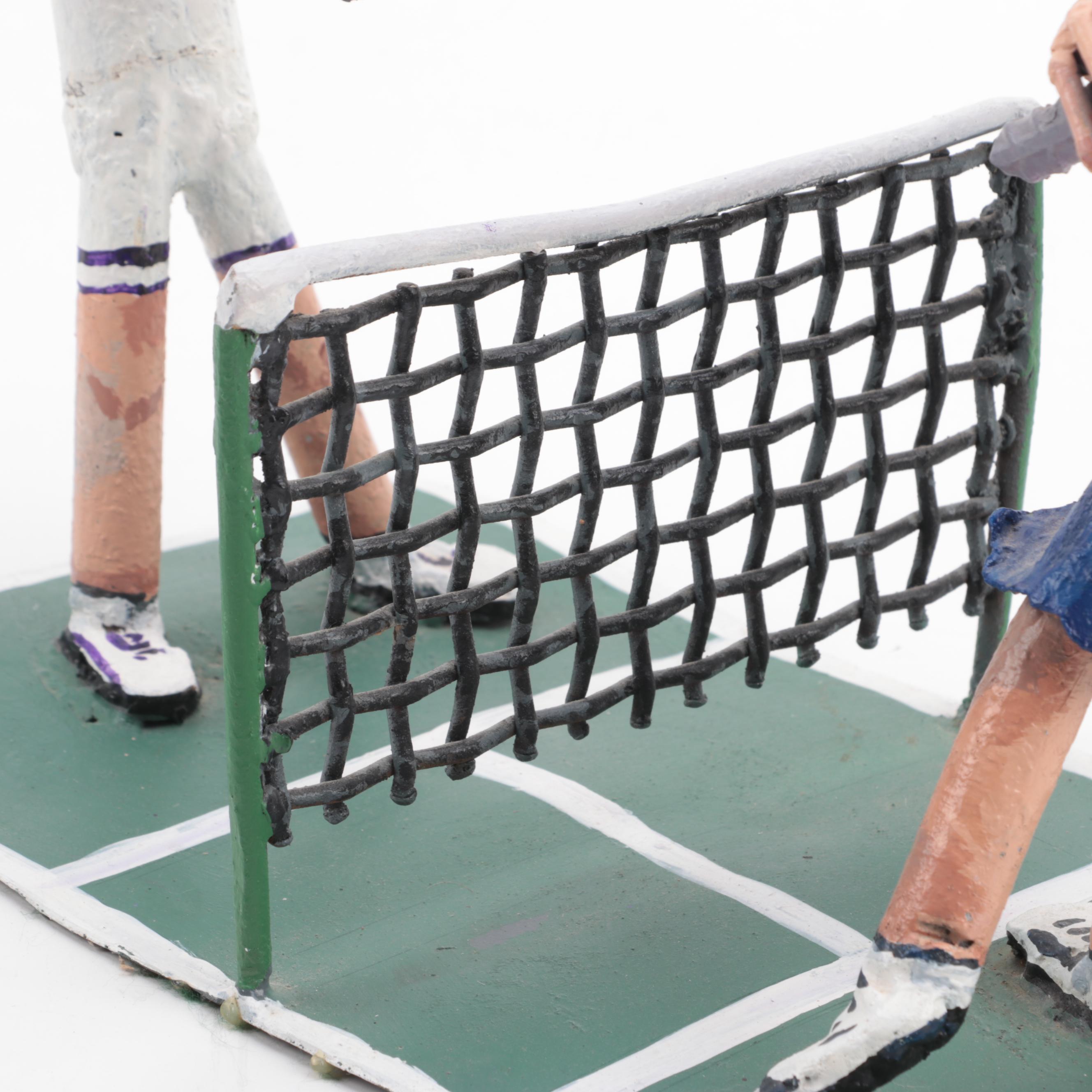 Hand Painted Metal Sculpture of Tennis Players