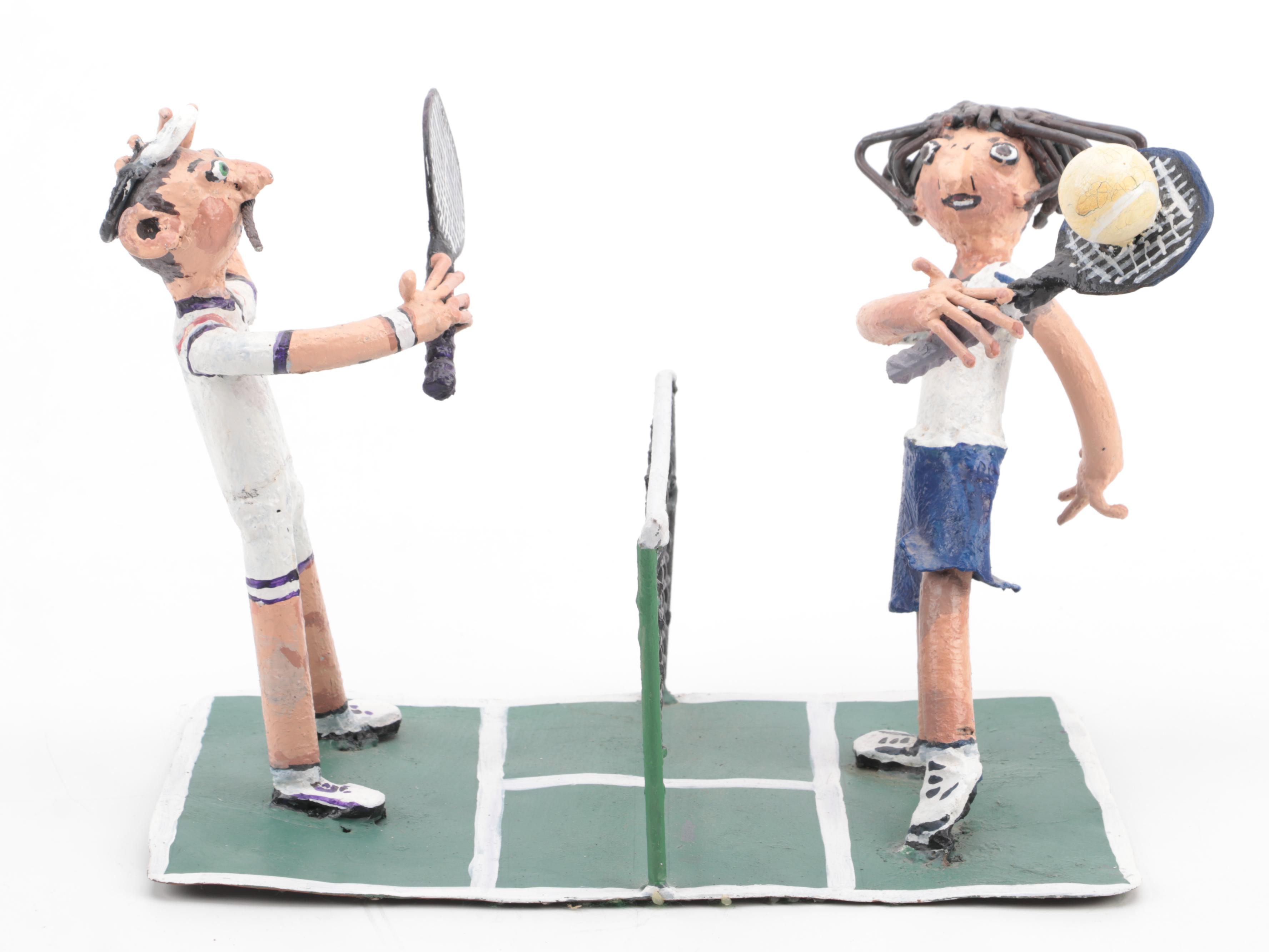 Hand Painted Metal Sculpture of Tennis Players