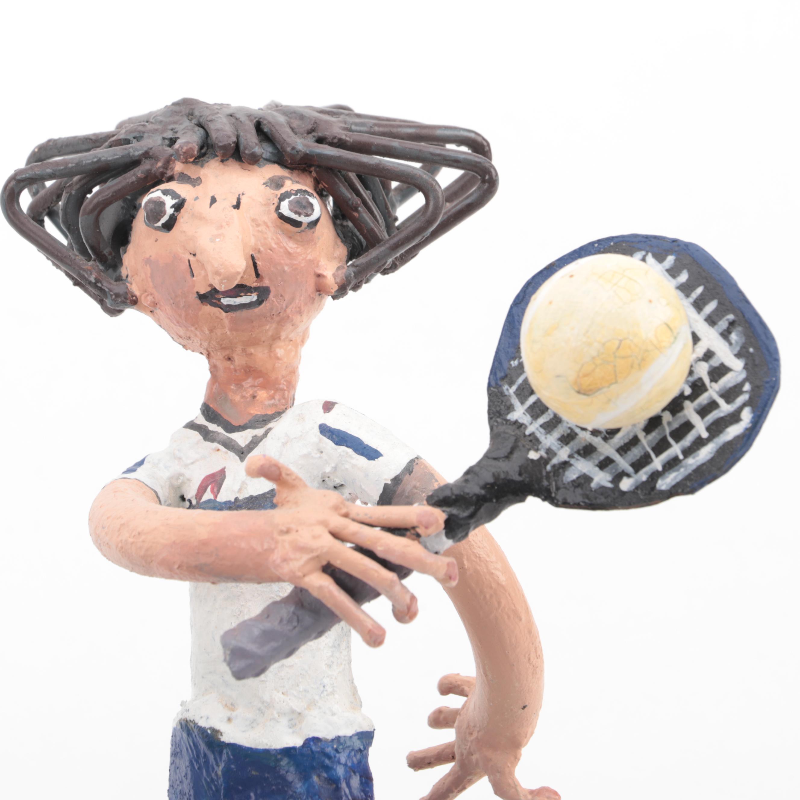 Hand Painted Metal Sculpture of Tennis Players