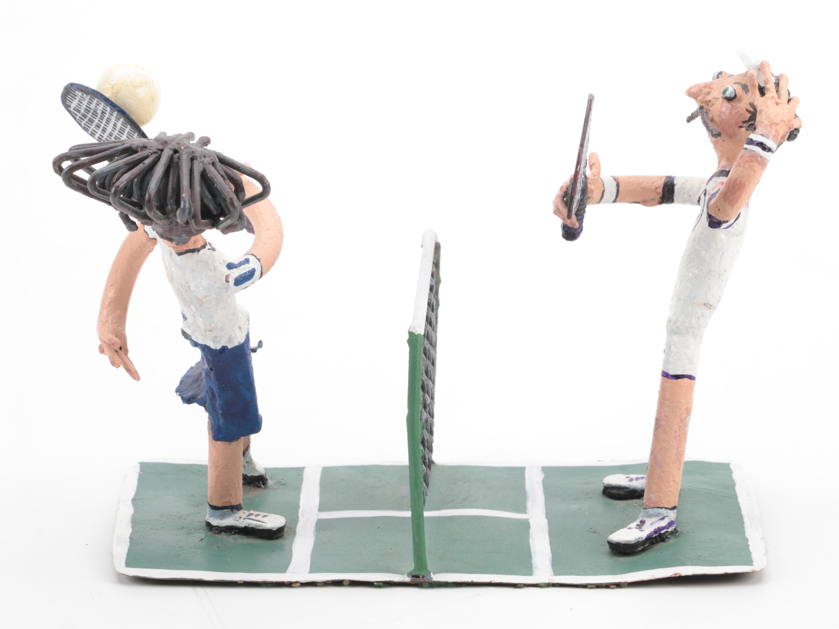 Hand Painted Metal Sculpture of Tennis Players