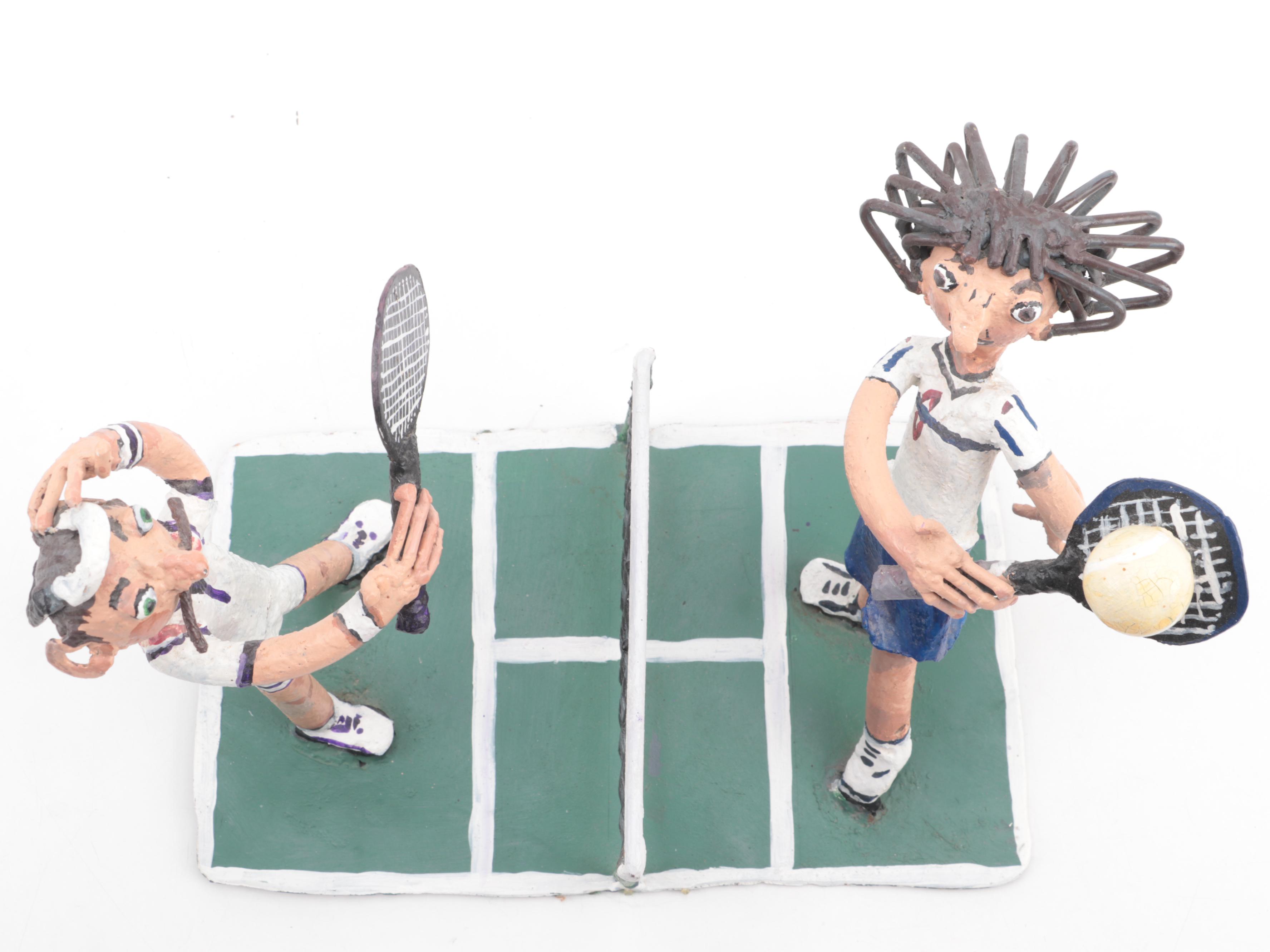 Hand Painted Metal Sculpture of Tennis Players