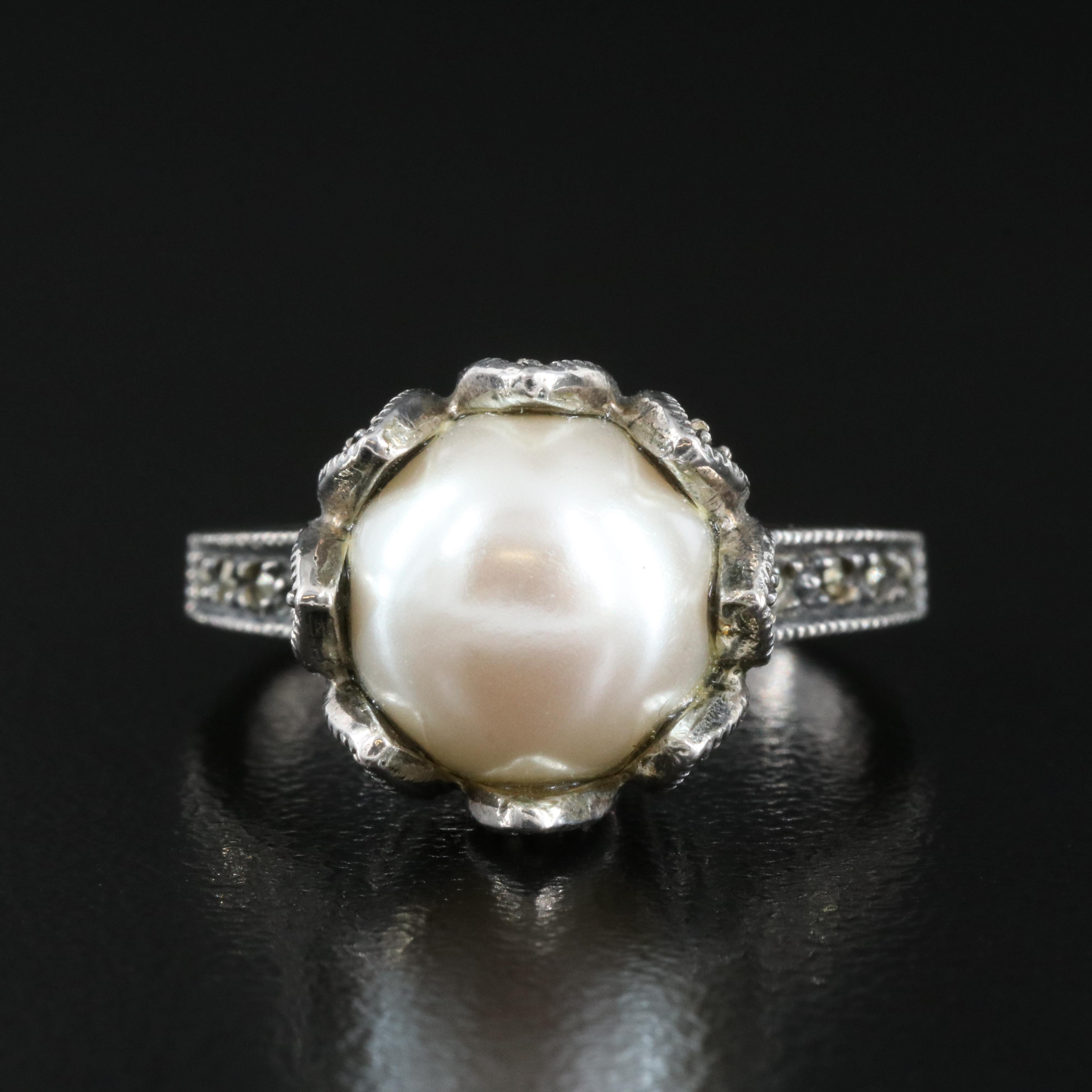 Sterling Faux Pearl and Marcasite Ring