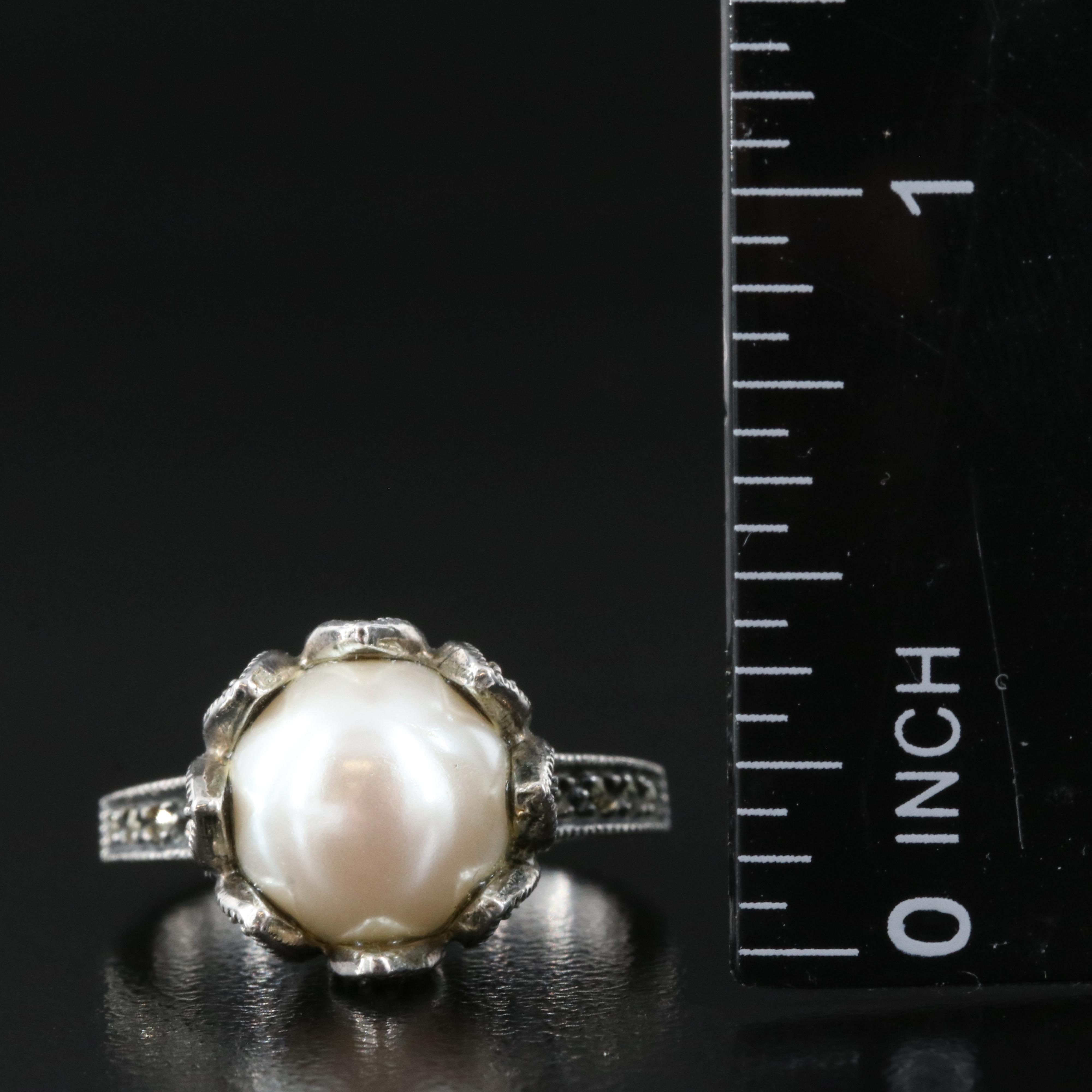 Sterling Faux Pearl and Marcasite Ring