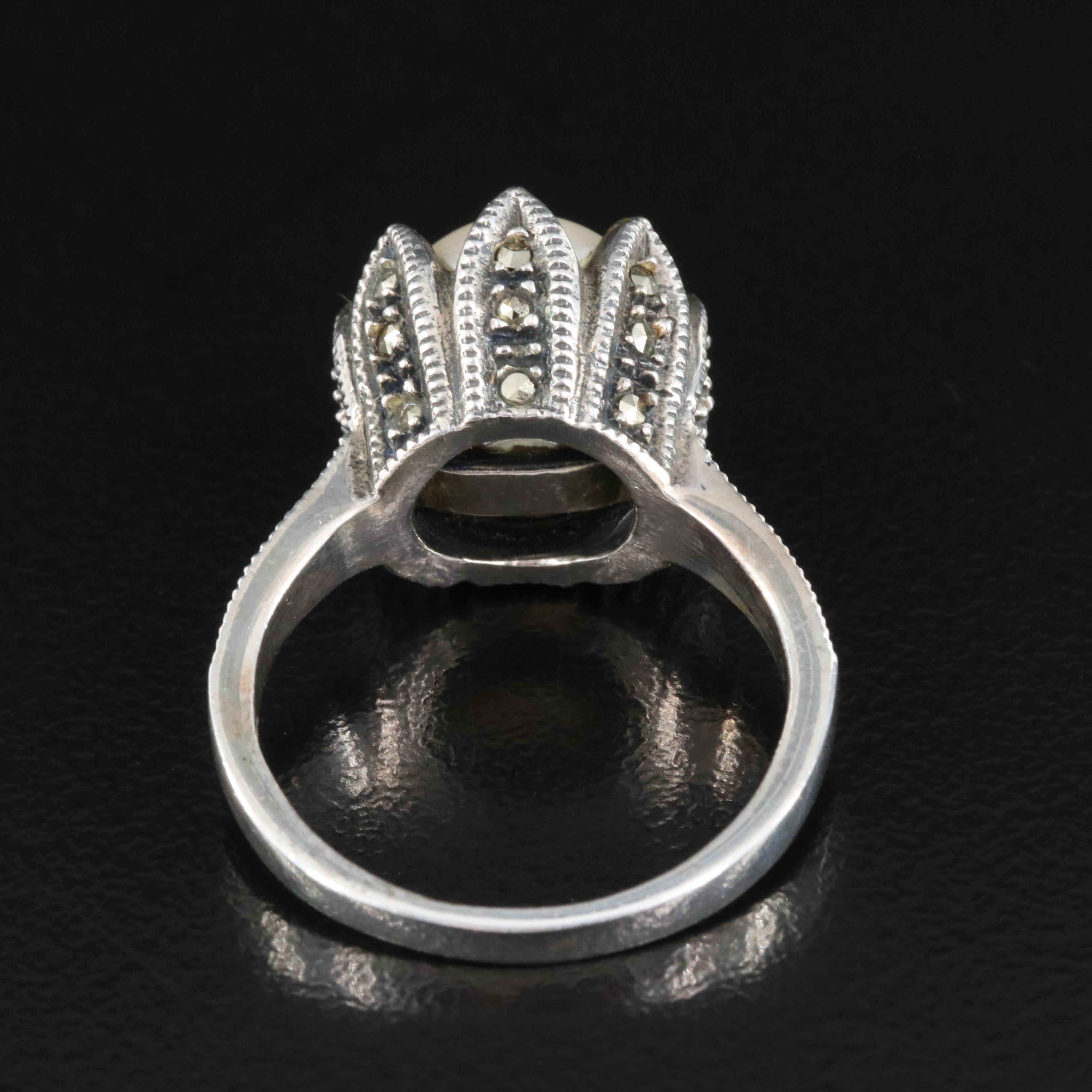 Sterling Faux Pearl and Marcasite Ring