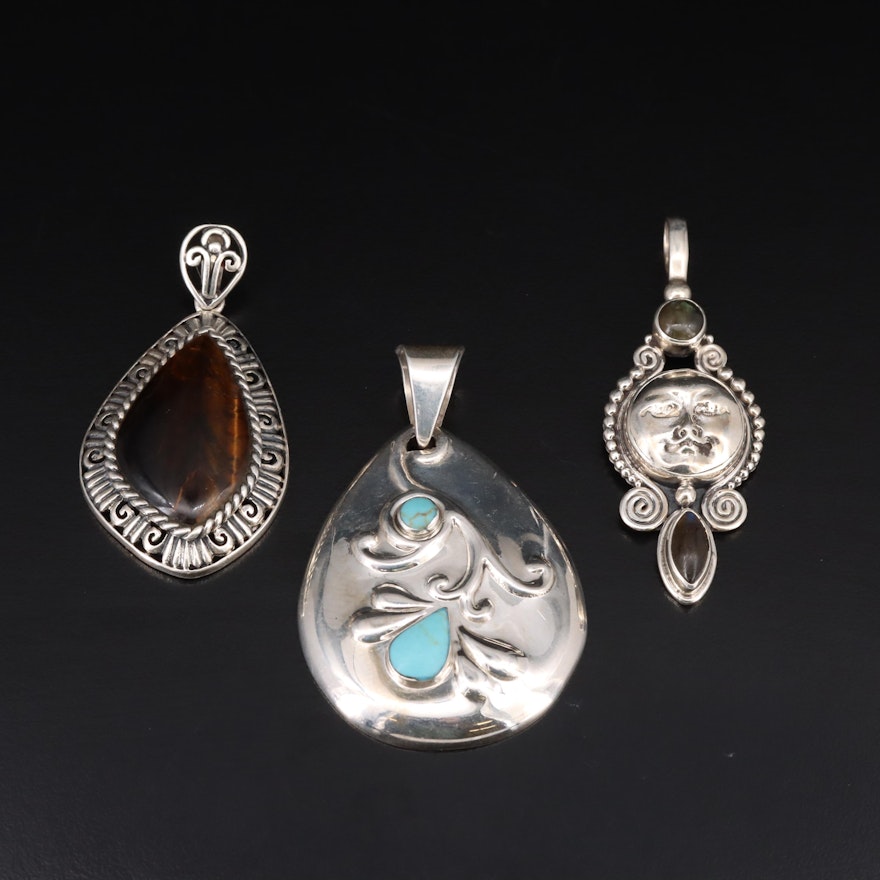 Sterling Tiger's Eye, Labradorite and Faux Turquoise Pendants