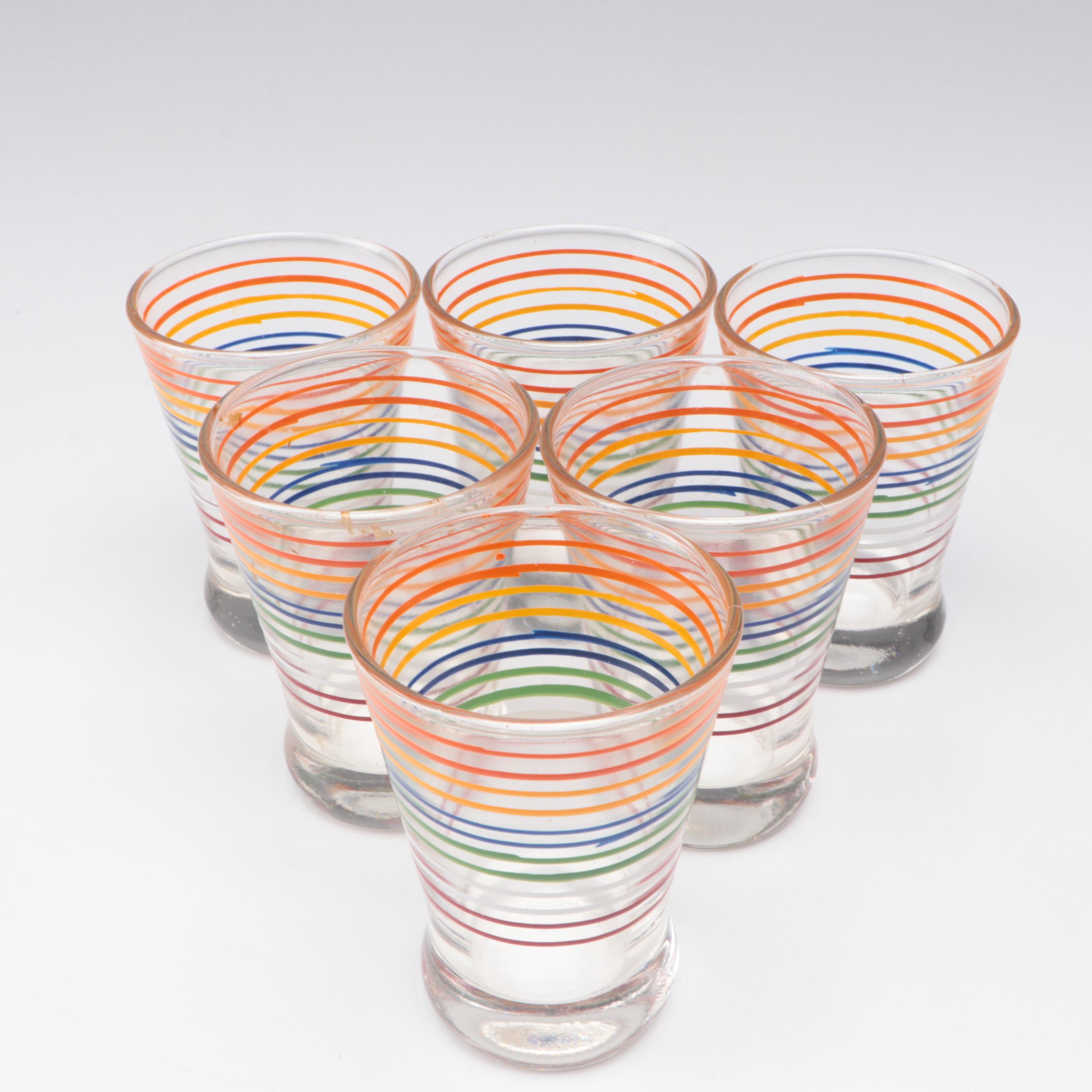 Mid-Century Modern Striped Cocktail Shaker, Glasses, and Barware, 1940's