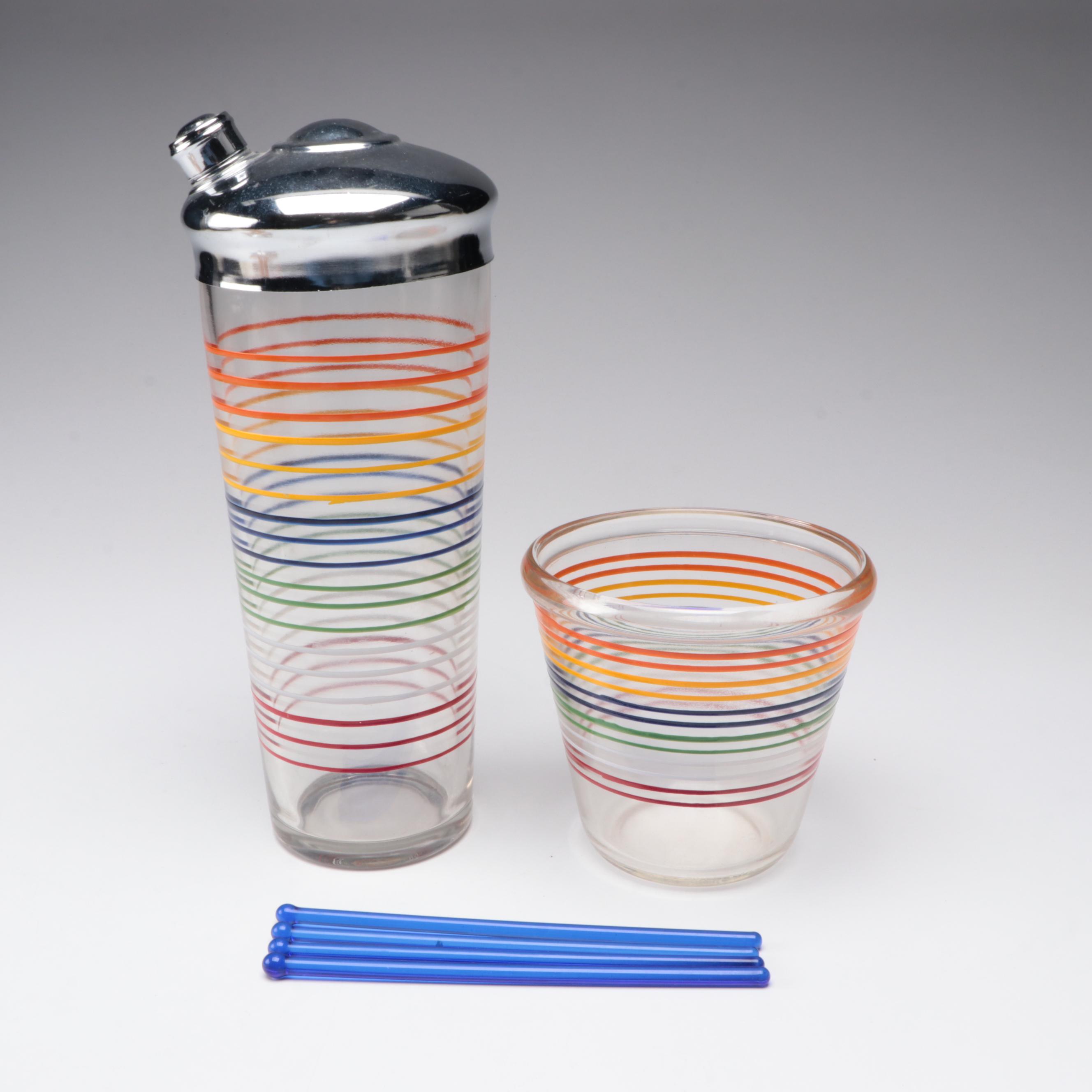 Mid-Century Modern Striped Cocktail Shaker, Glasses, and Barware, 1940's