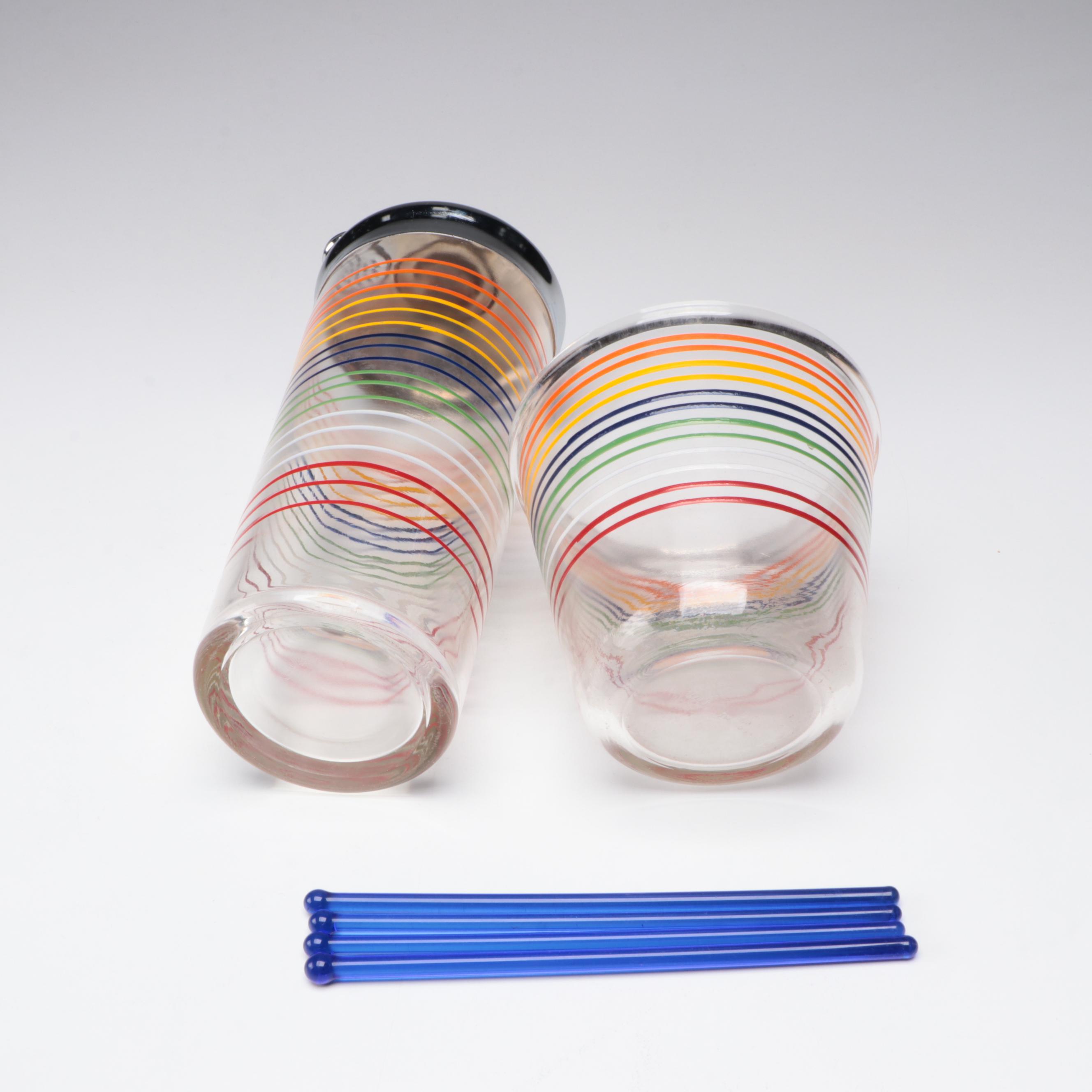 Mid-Century Modern Striped Cocktail Shaker, Glasses, and Barware, 1940's