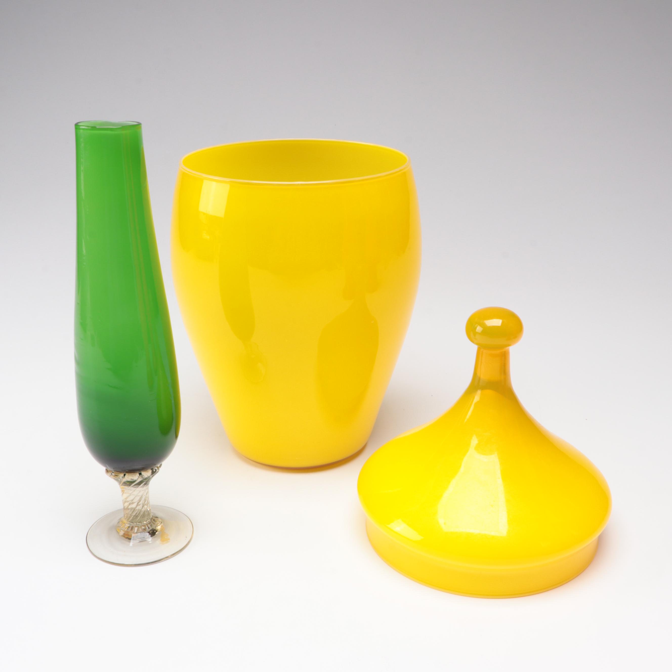 Empoli Circus Tent Style Glass Jar with Blown Glass Pitchers and Bud Vase