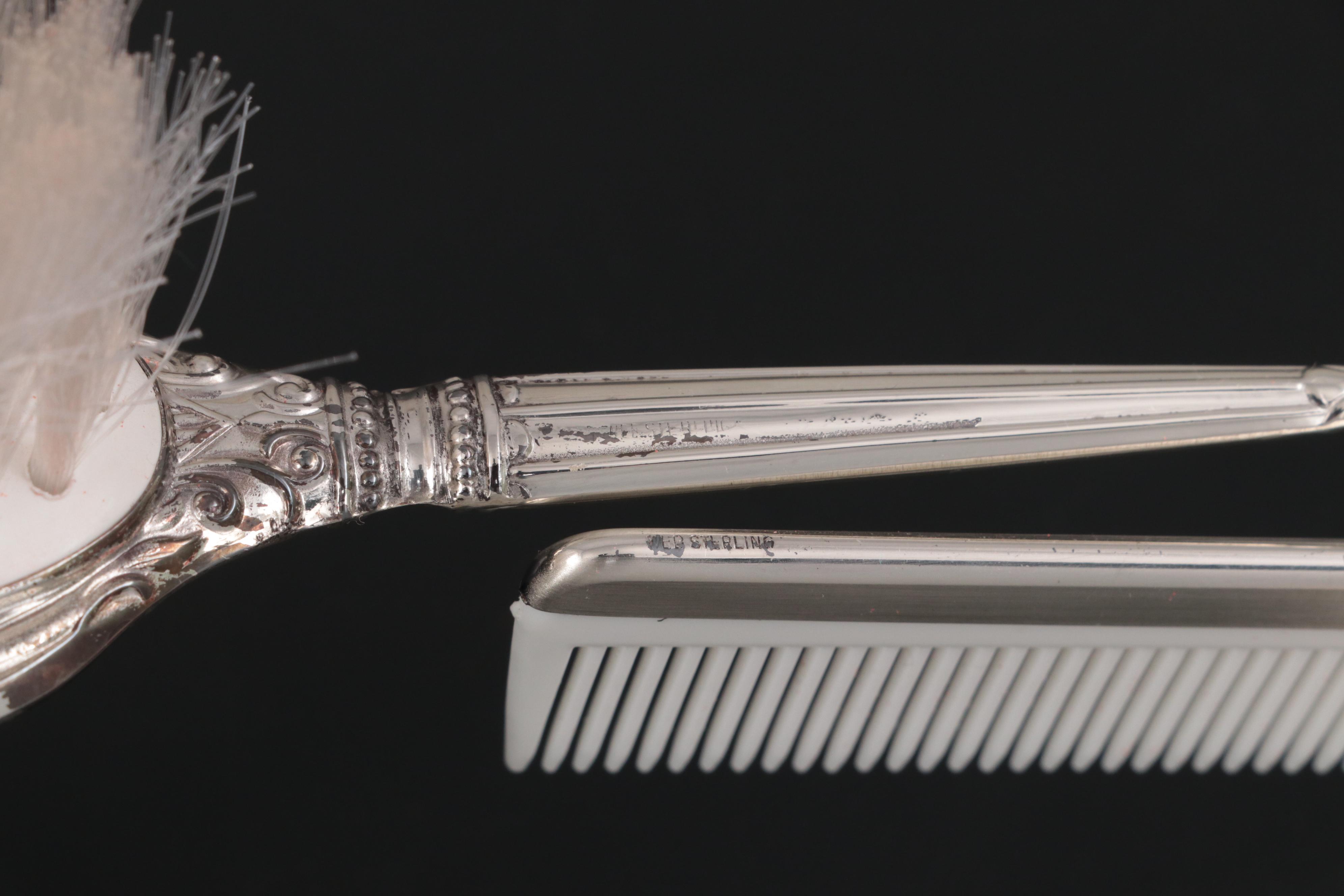 Towle Sterling Silver Hand Mirror and Brushes with Web Sterling Brush and Comb