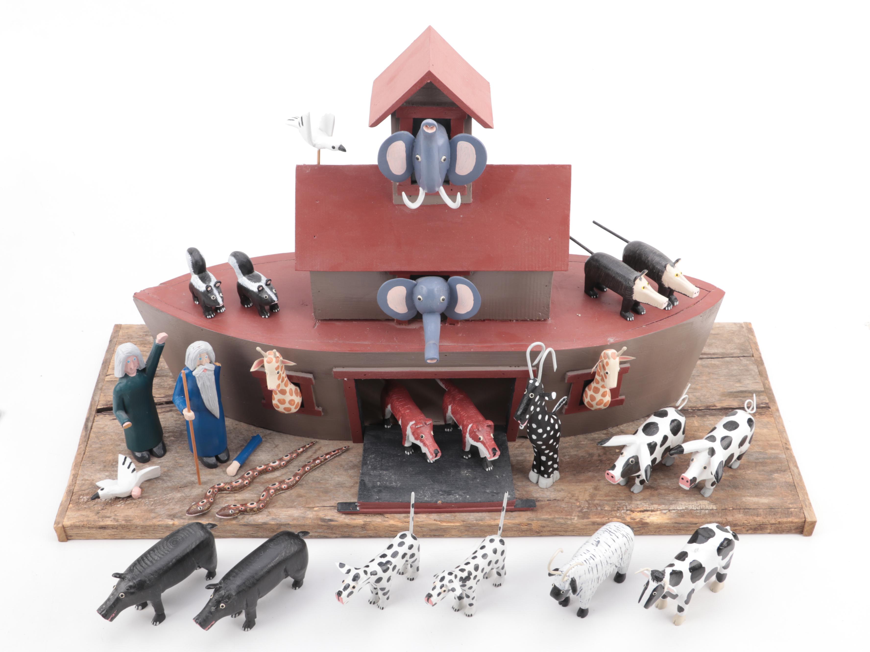 Lonnie and Twyla Money Folk Art Hand-Painted Carved Wood Noah's Ark and Animals