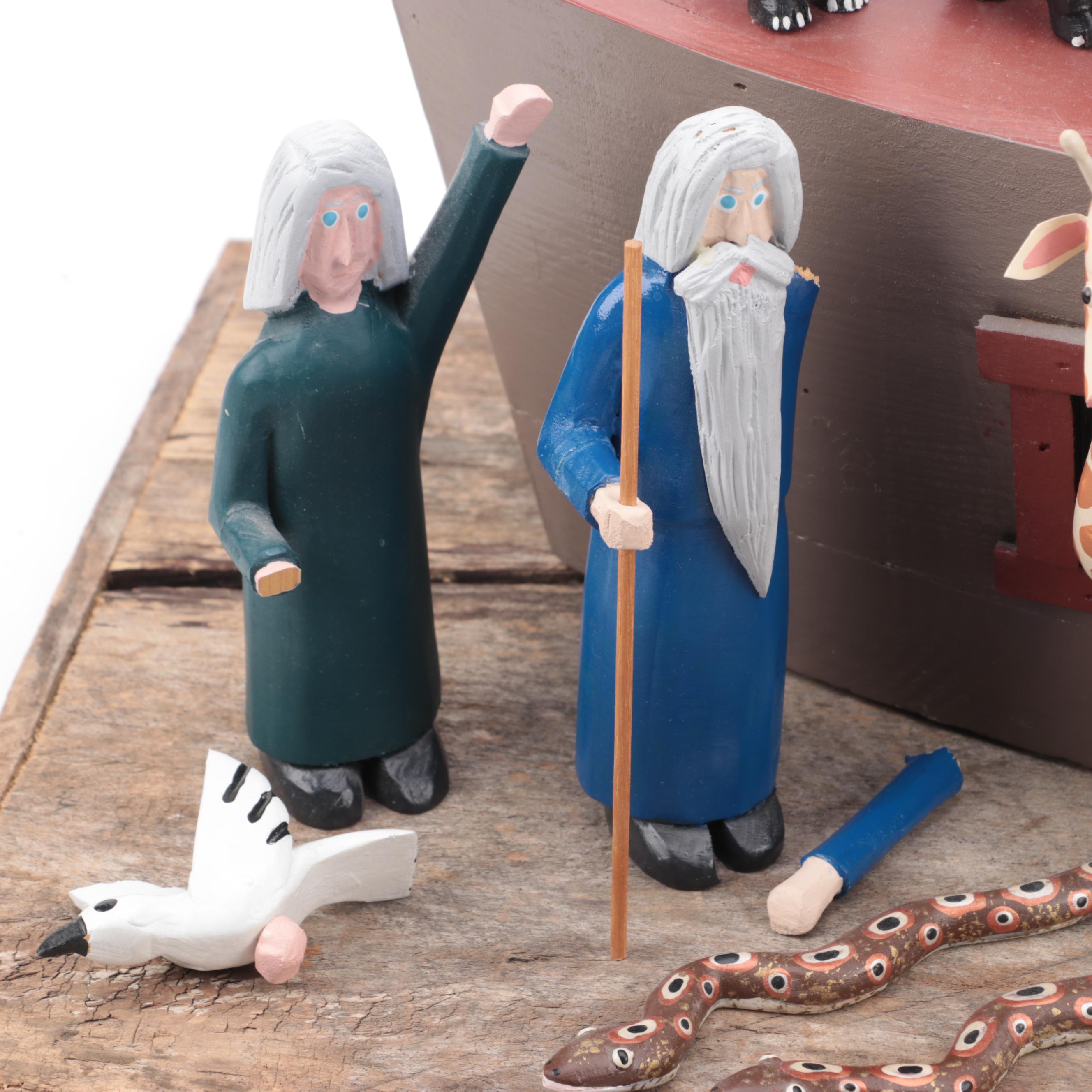Lonnie and Twyla Money Folk Art Hand-Painted Carved Wood Noah's Ark and Animals