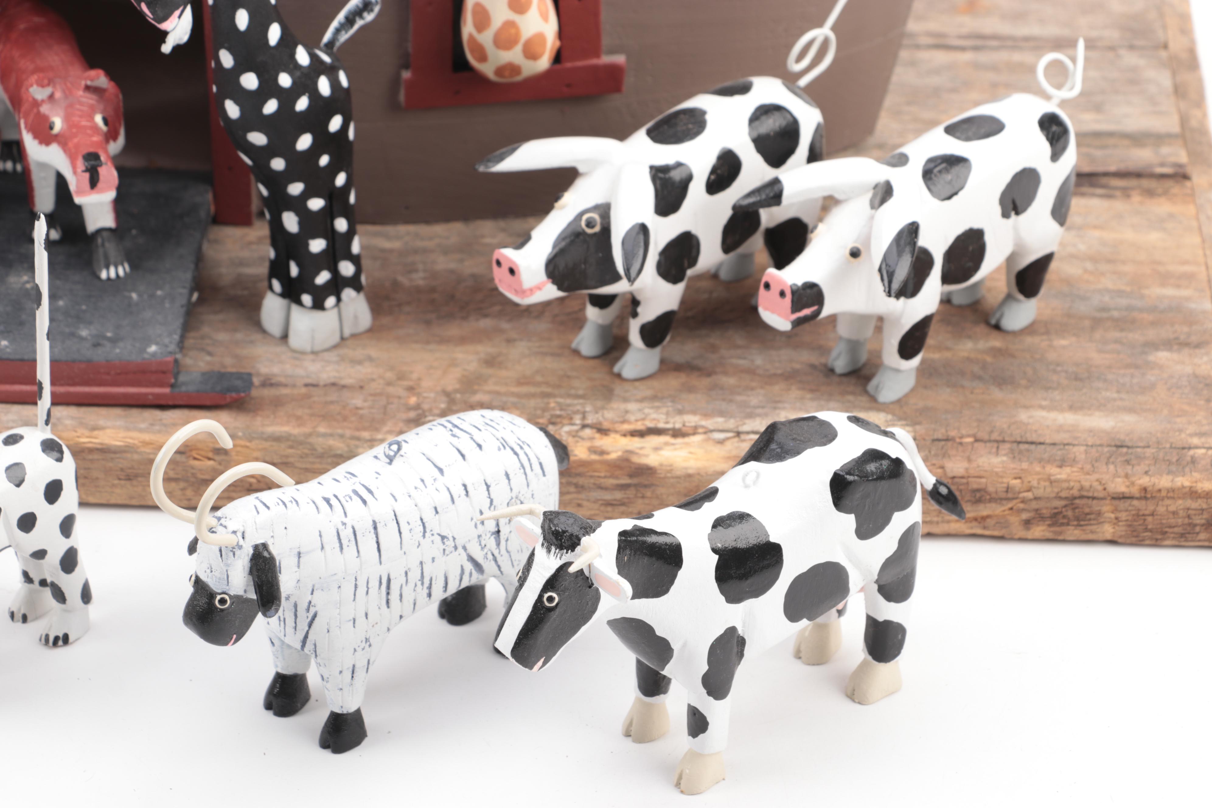 Lonnie and Twyla Money Folk Art Hand-Painted Carved Wood Noah's Ark and Animals