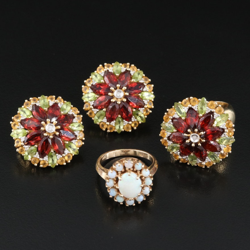 14K Gemstone Floral Earring and Ring Set with 10K Opal Ring