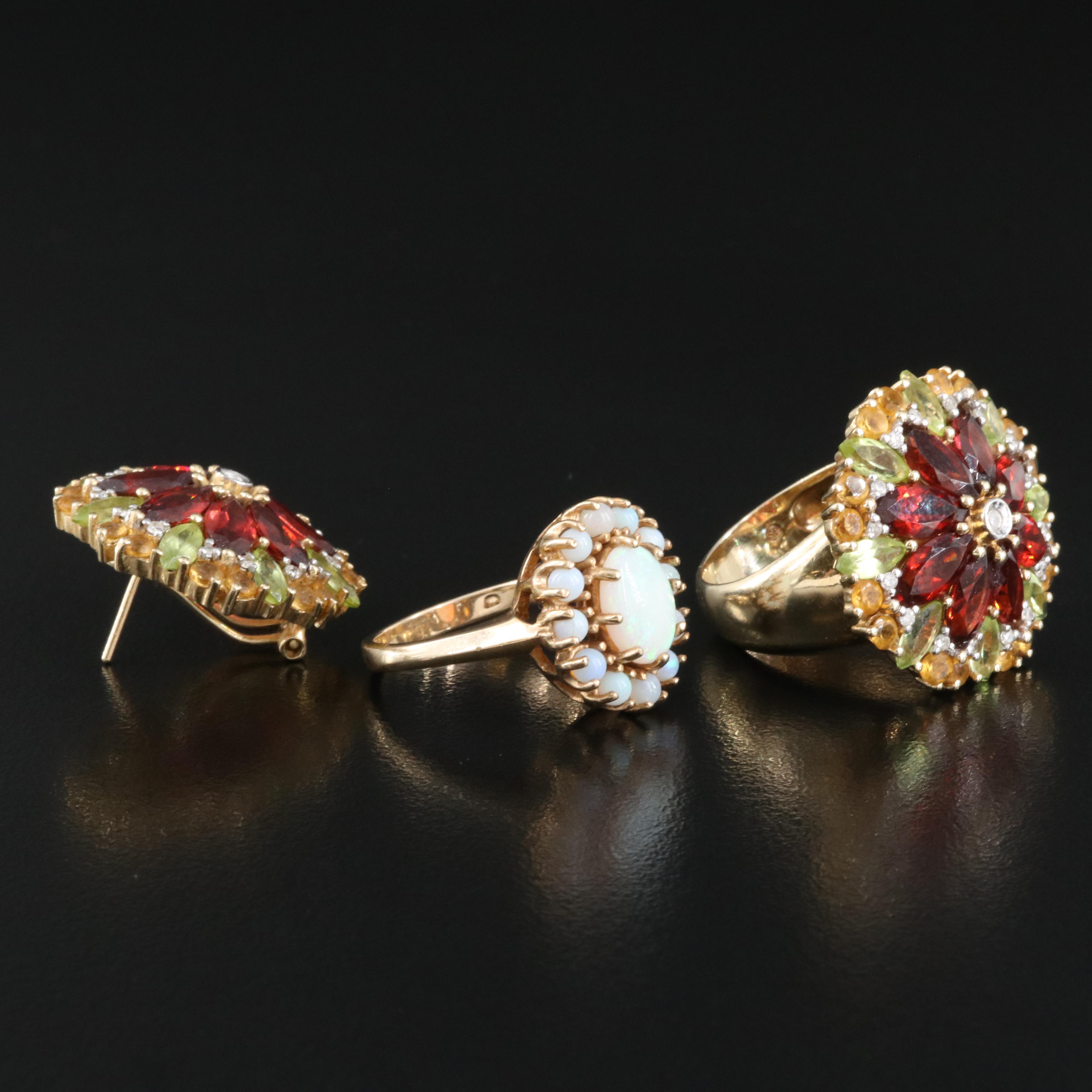 14K Gemstone Floral Earring and Ring Set with 10K Opal Ring