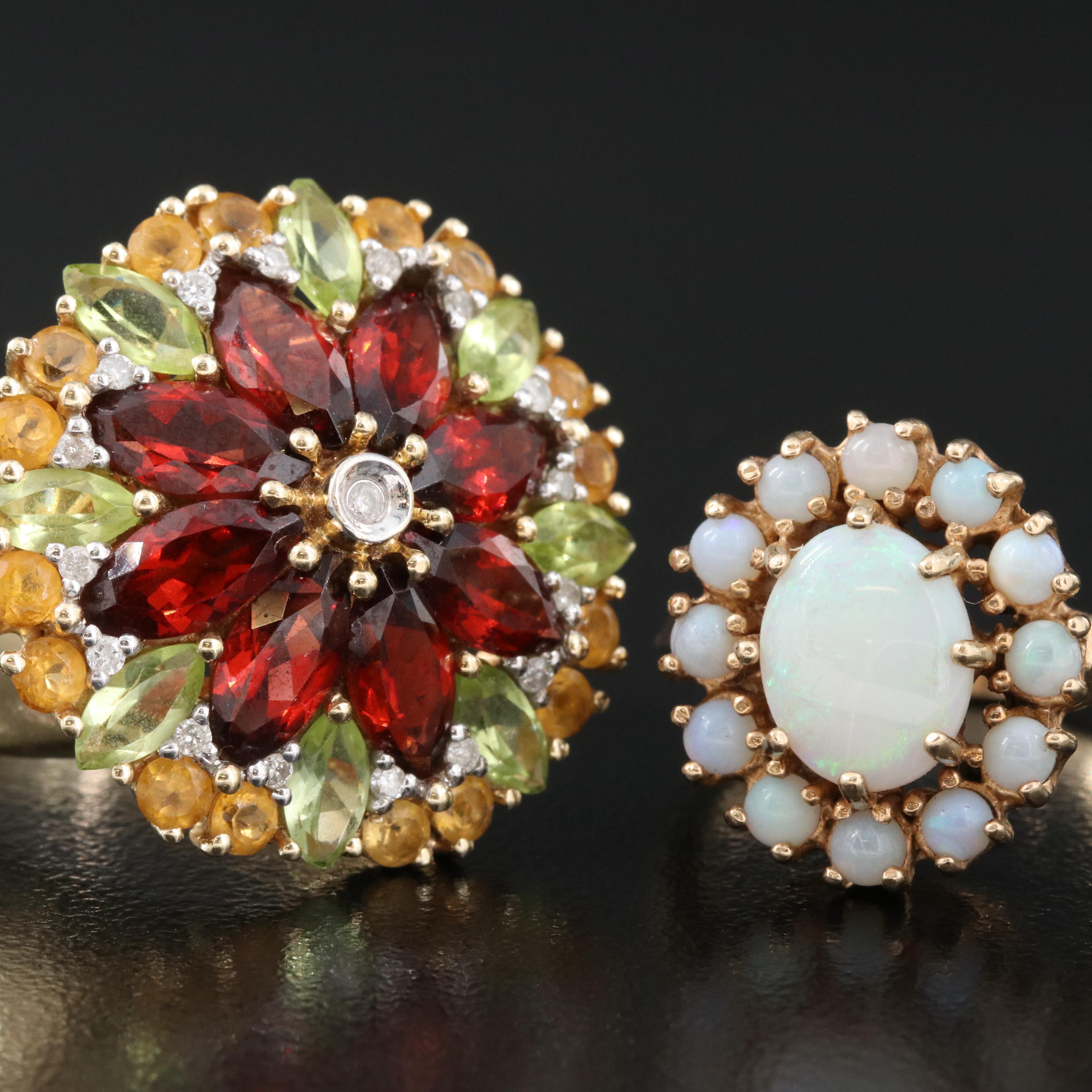 14K Gemstone Floral Earring and Ring Set with 10K Opal Ring