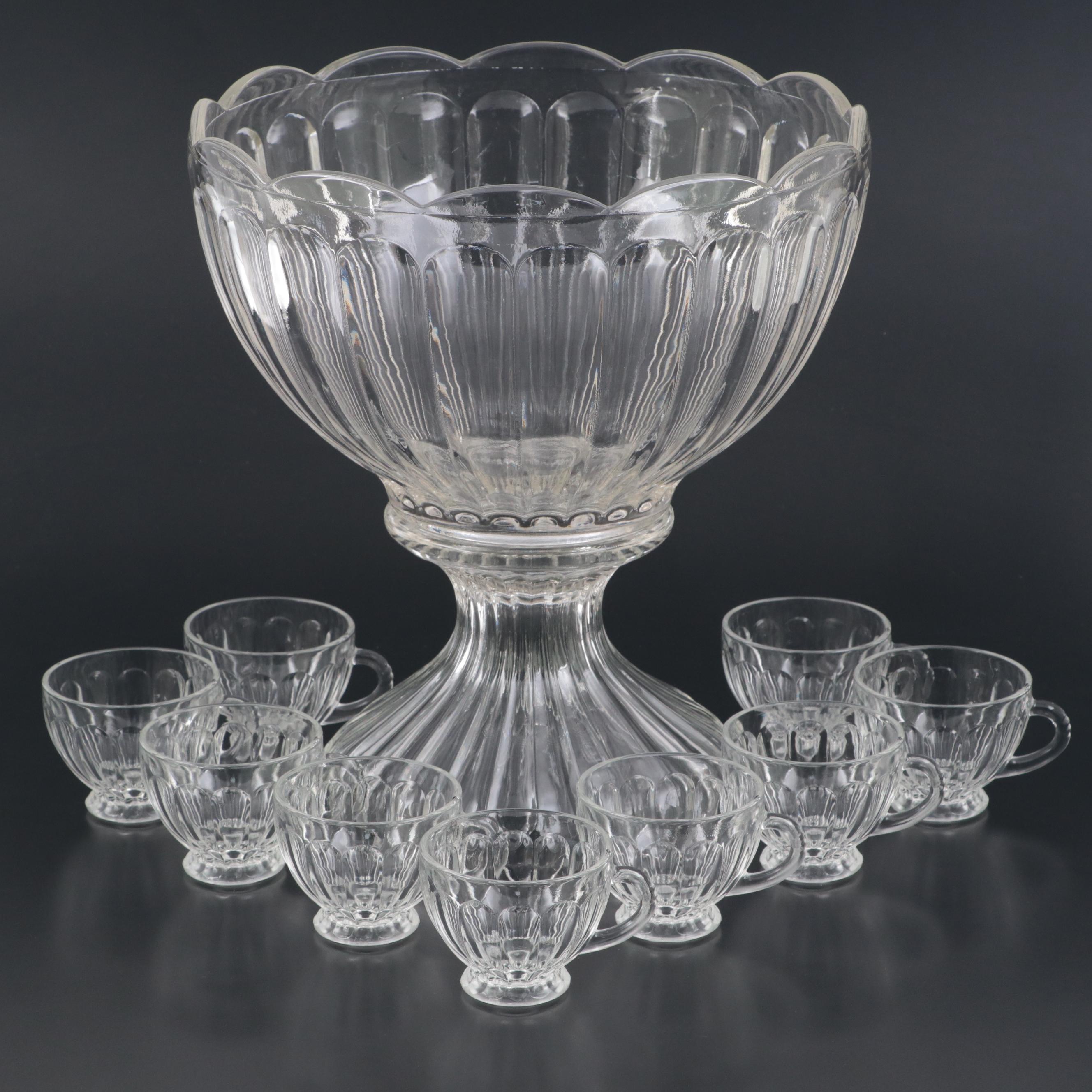 Pressed Glass Punch Bowl with Stand and Punch Cups