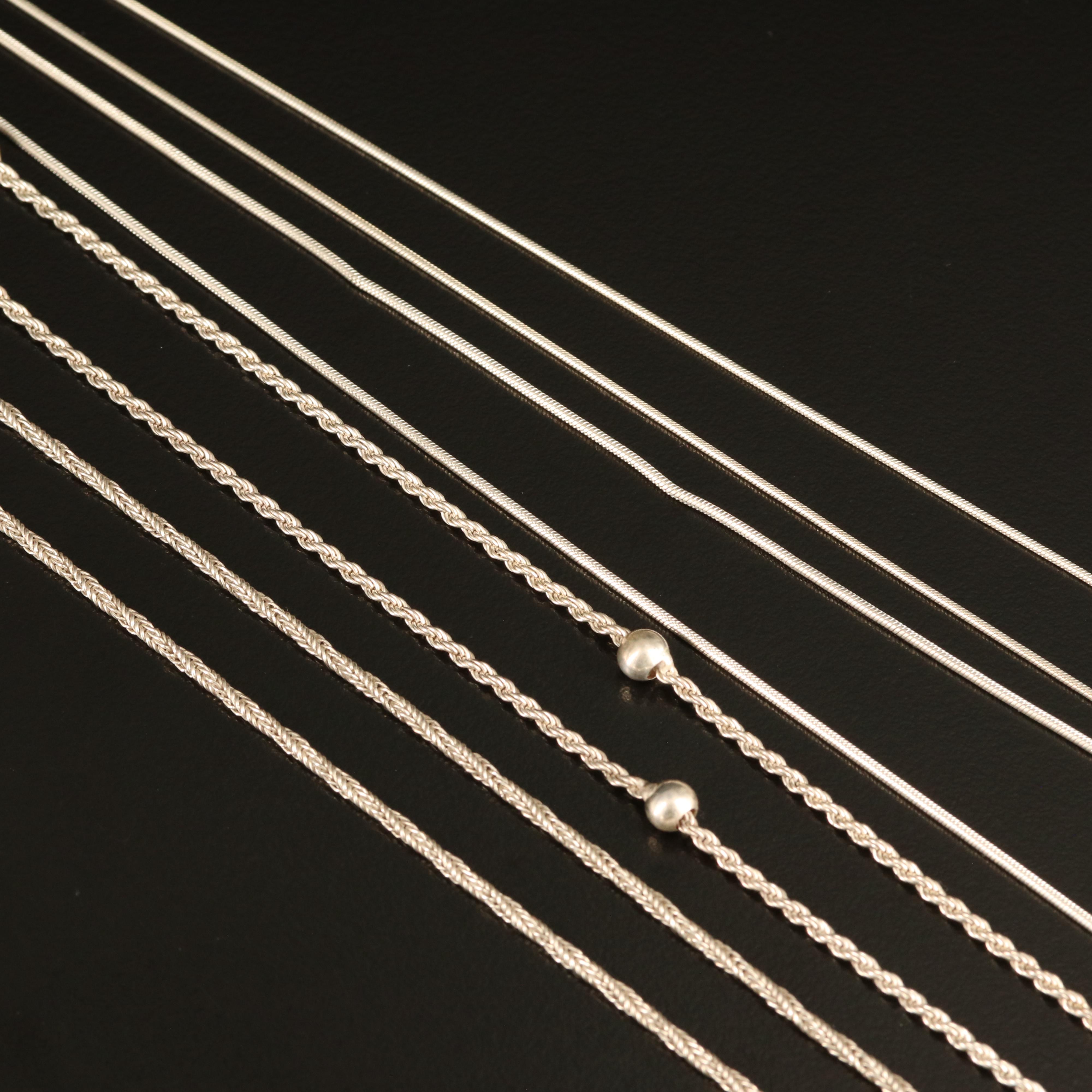 Sterling Chain Necklaces Including Rope, Serpentine and Snake Chains