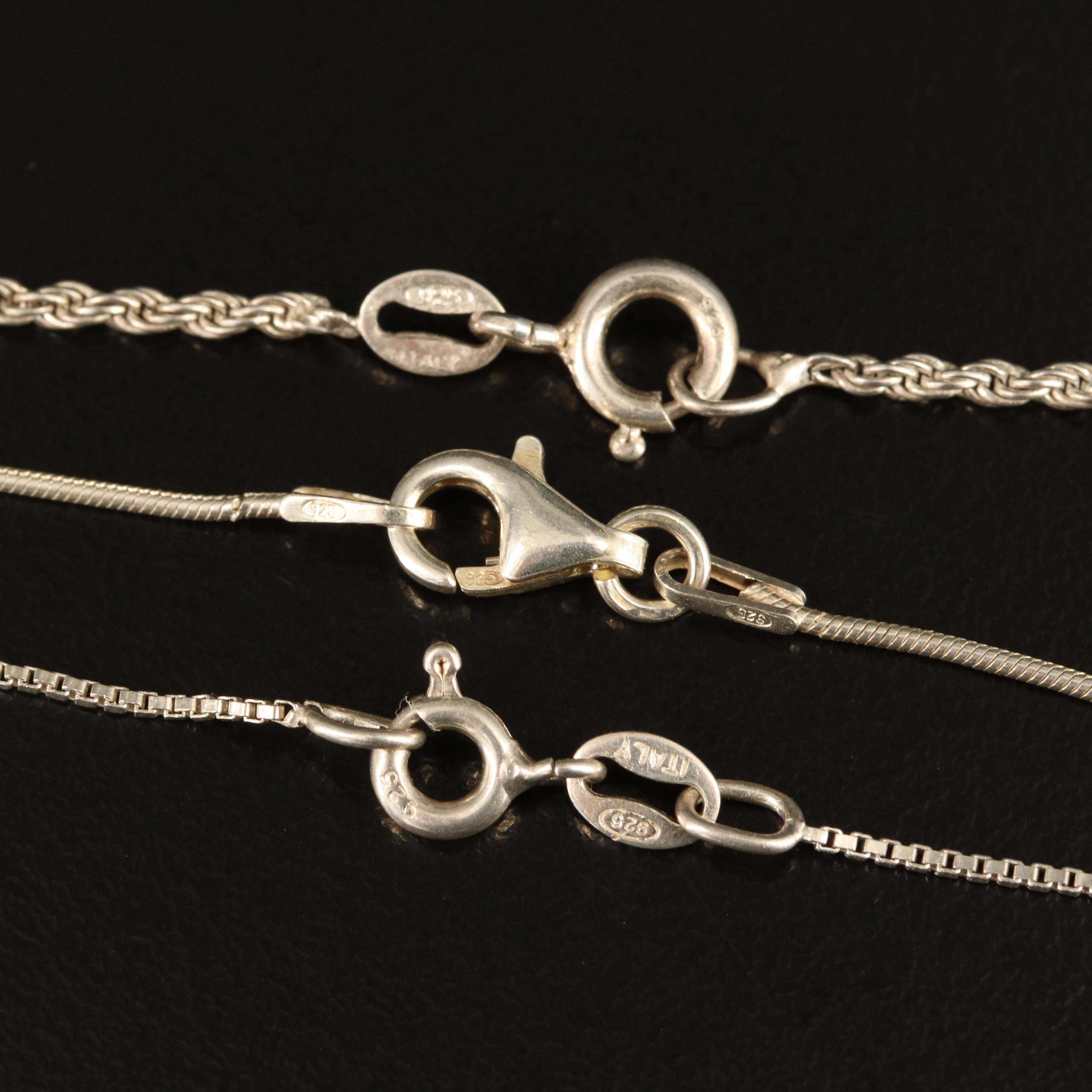 Sterling Chain Necklaces Including Rope, Serpentine and Snake Chains