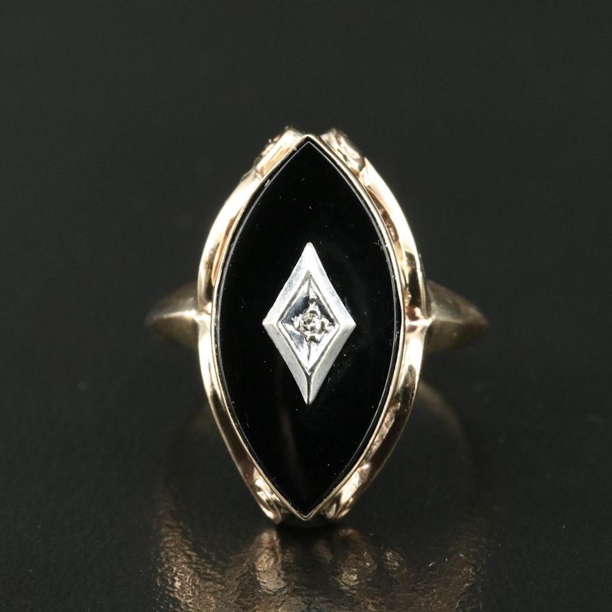 10K Black Onyx and Diamond Navette Ring