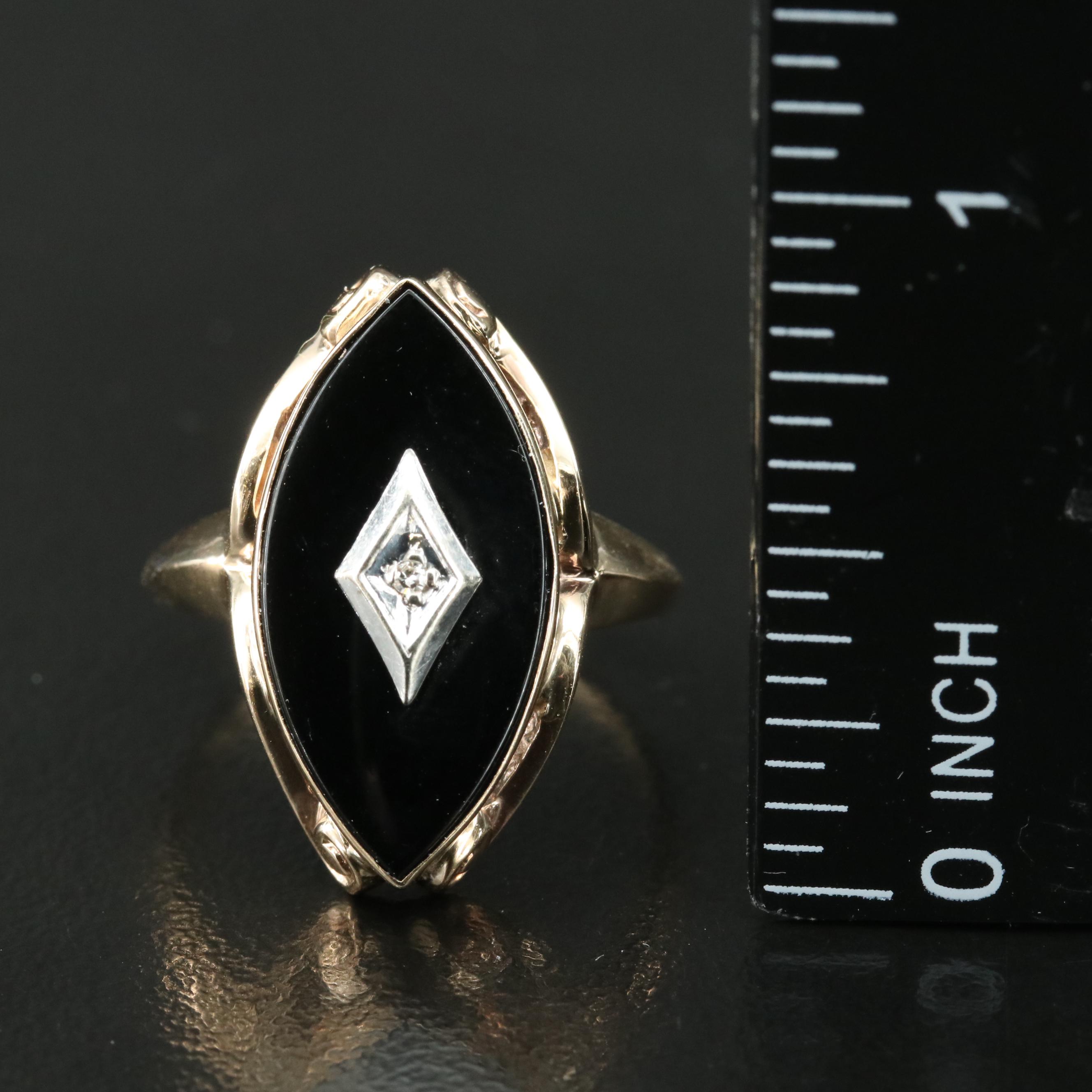 10K Black Onyx and Diamond Navette Ring