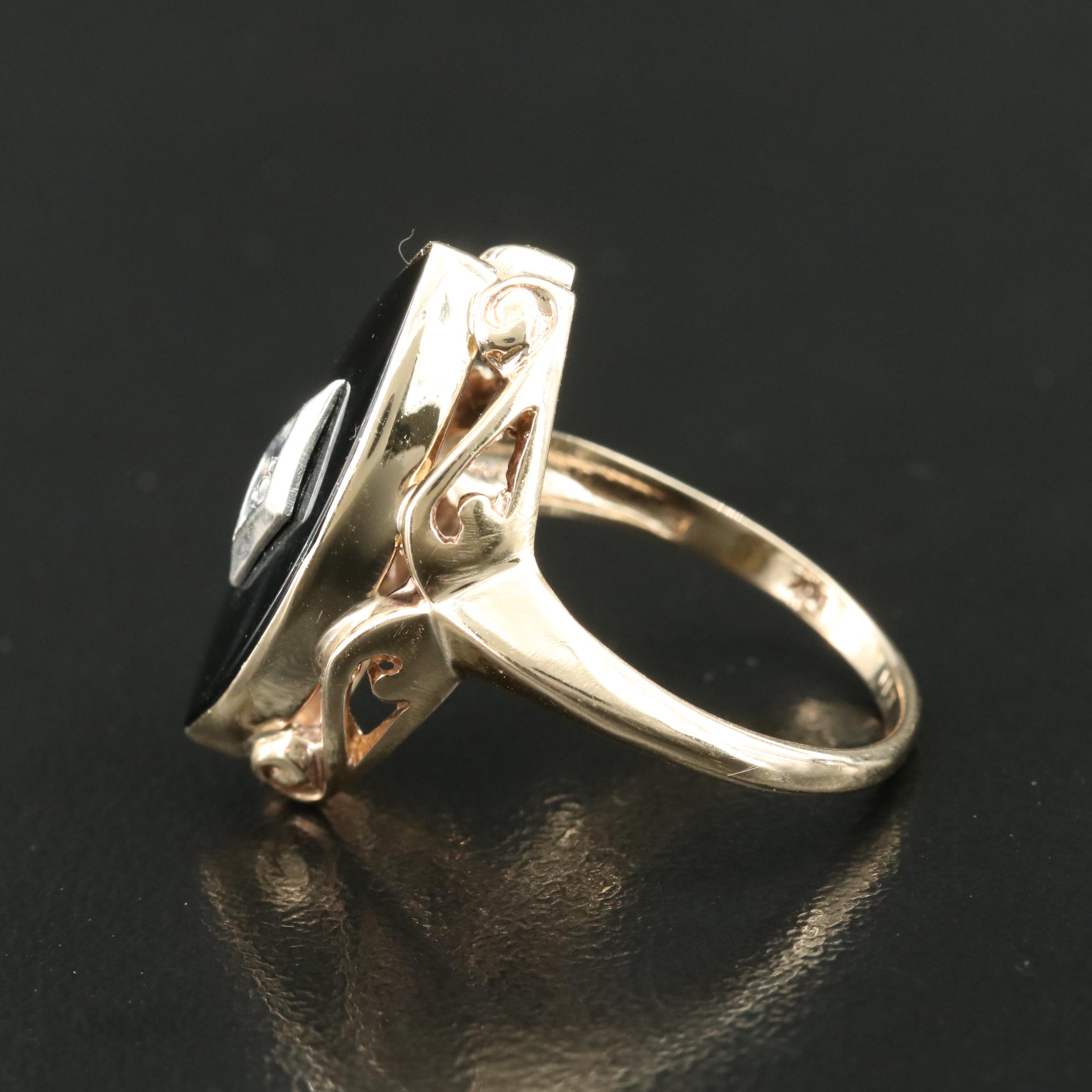 10K Black Onyx and Diamond Navette Ring