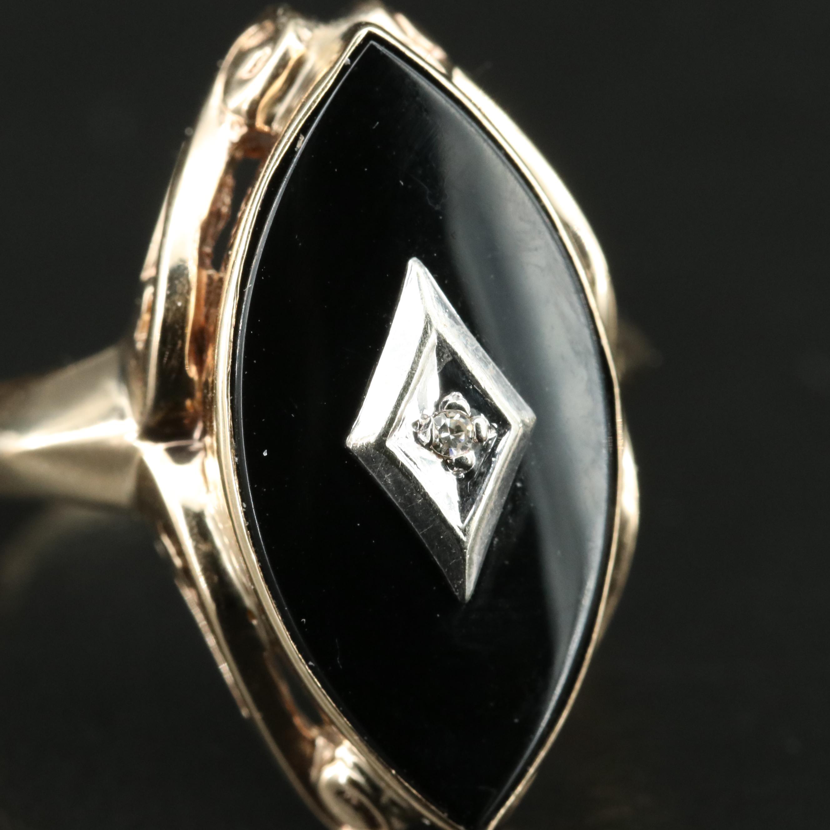 10K Black Onyx and Diamond Navette Ring