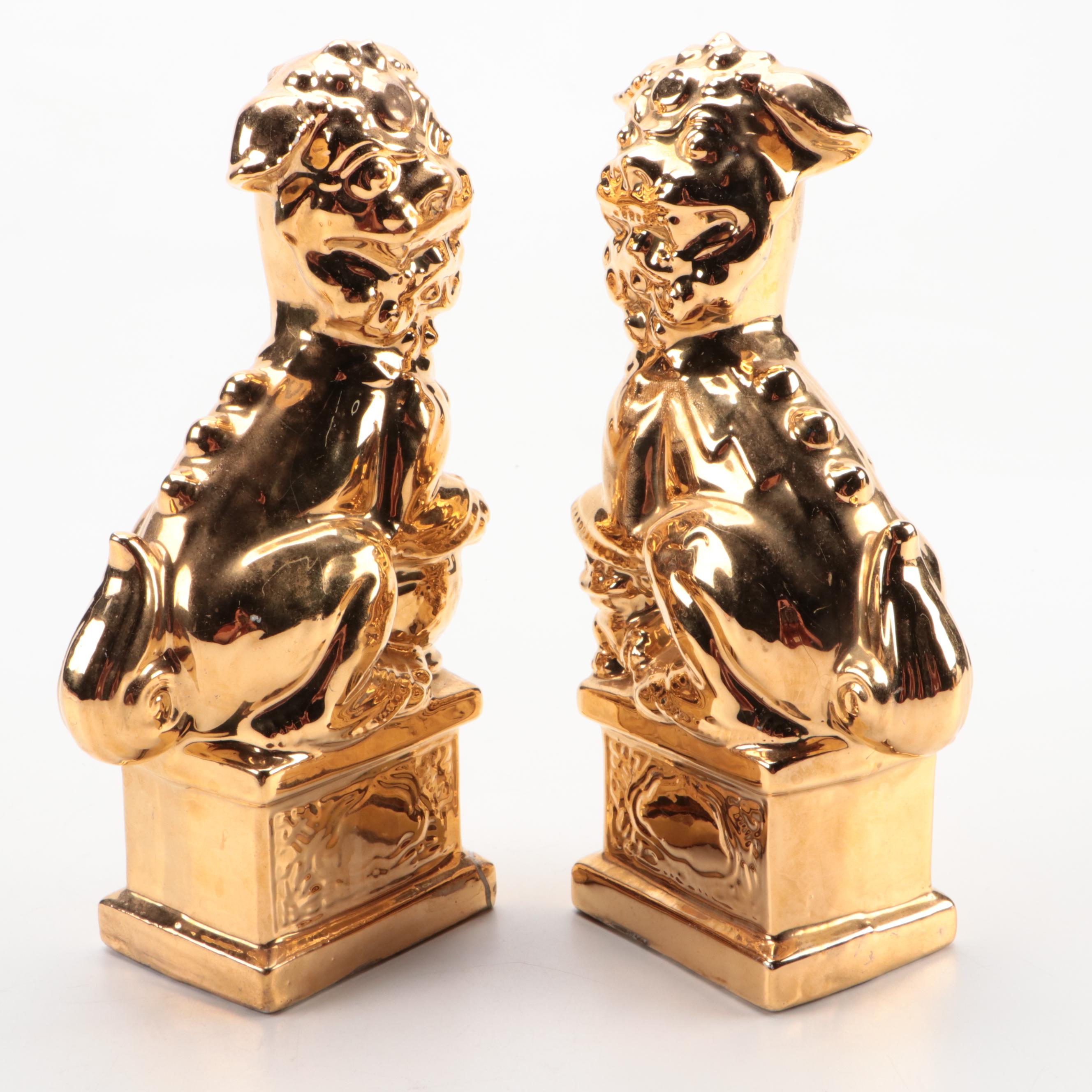 Gilt Ceramic Temple Guardian Lion Figurines