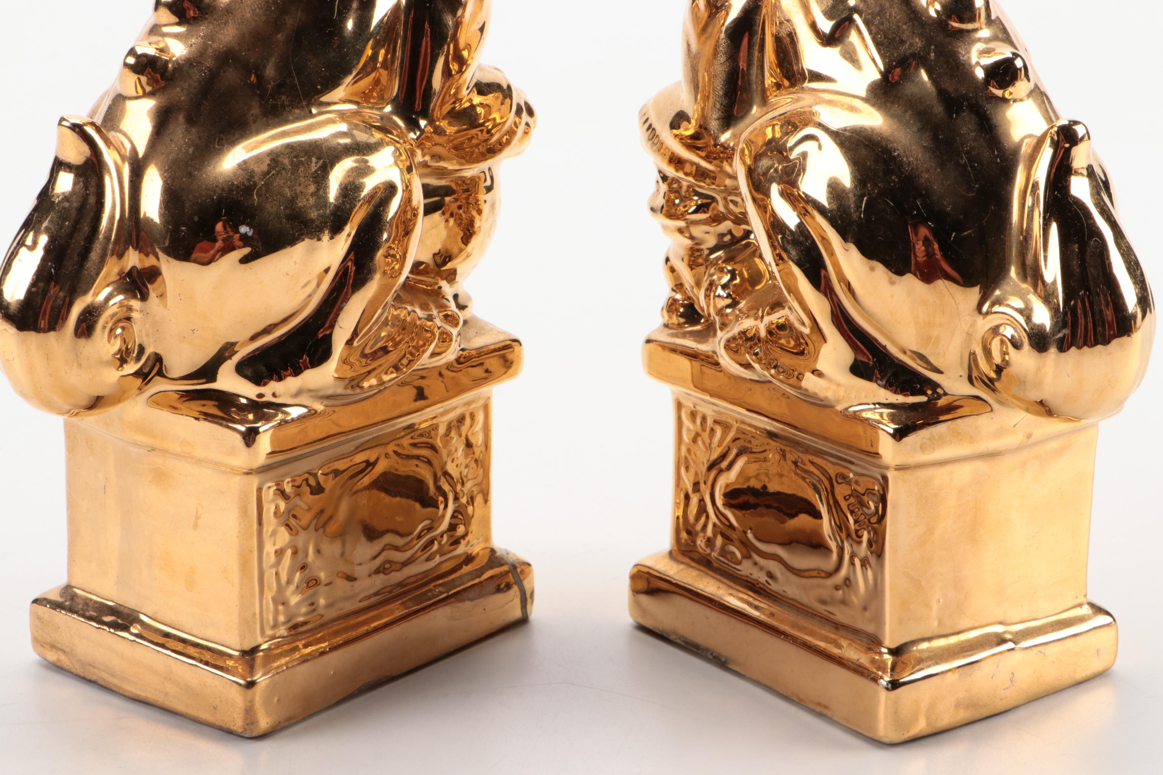 Gilt Ceramic Temple Guardian Lion Figurines