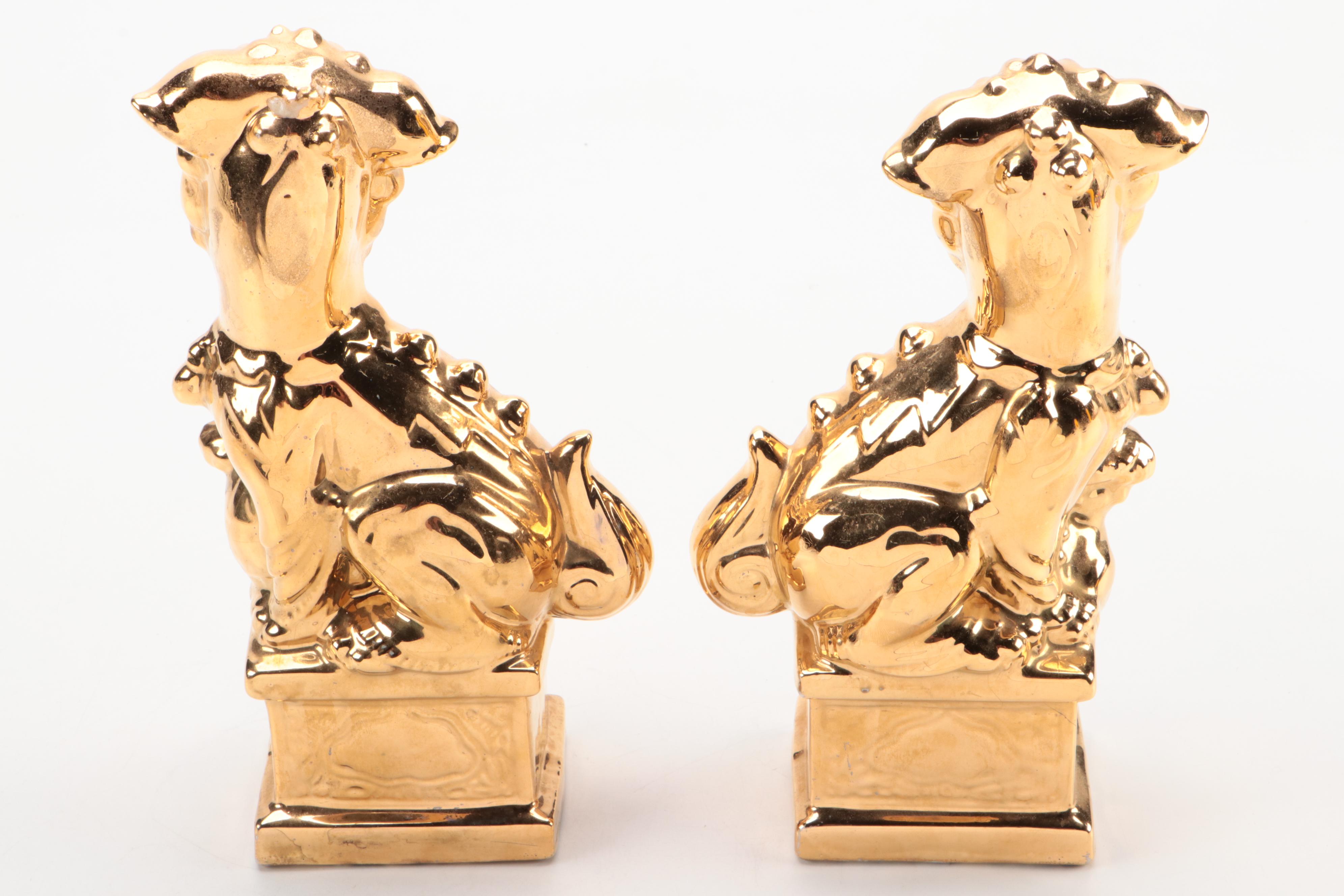 Gilt Ceramic Temple Guardian Lion Figurines