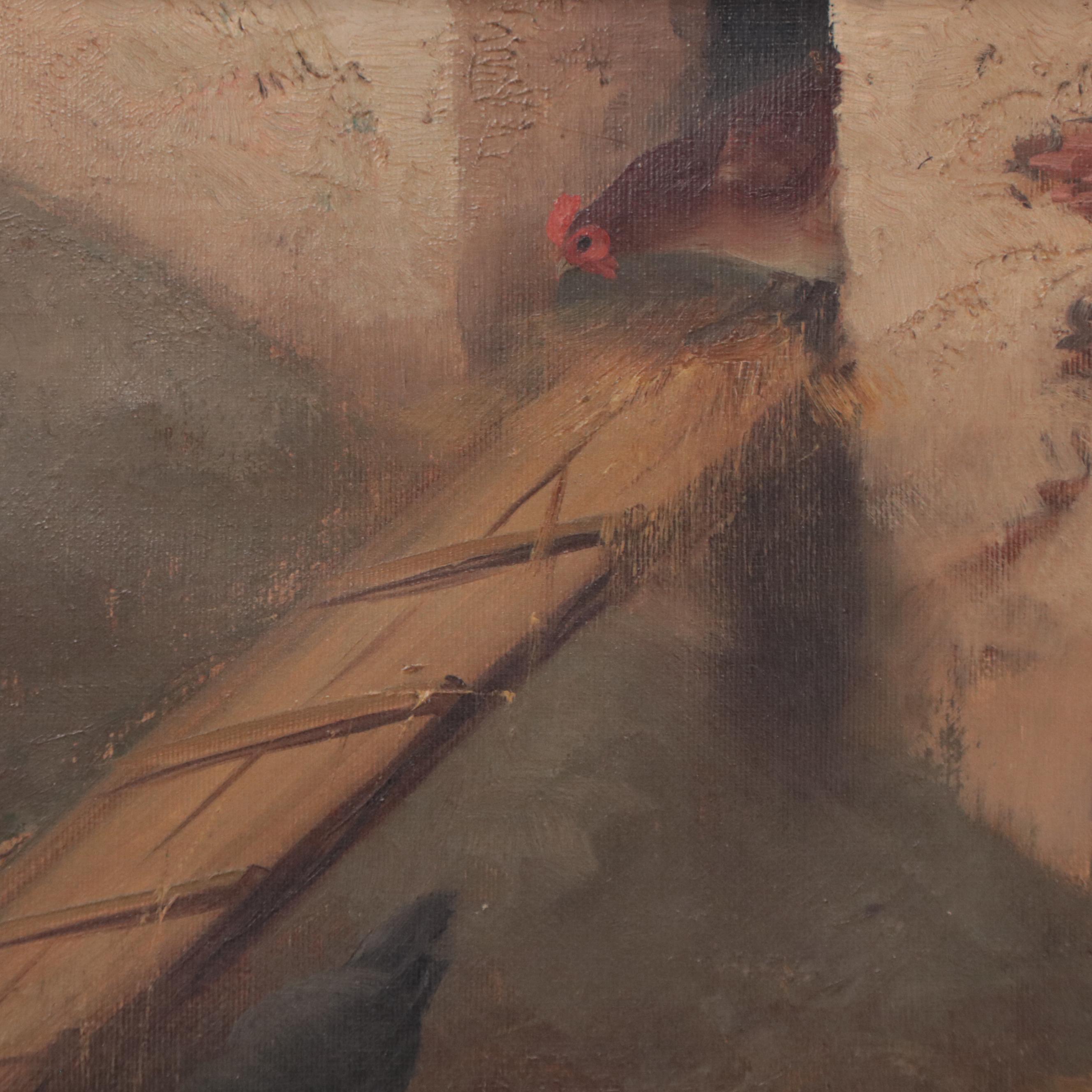 Oil Painting of Chickens in Barn