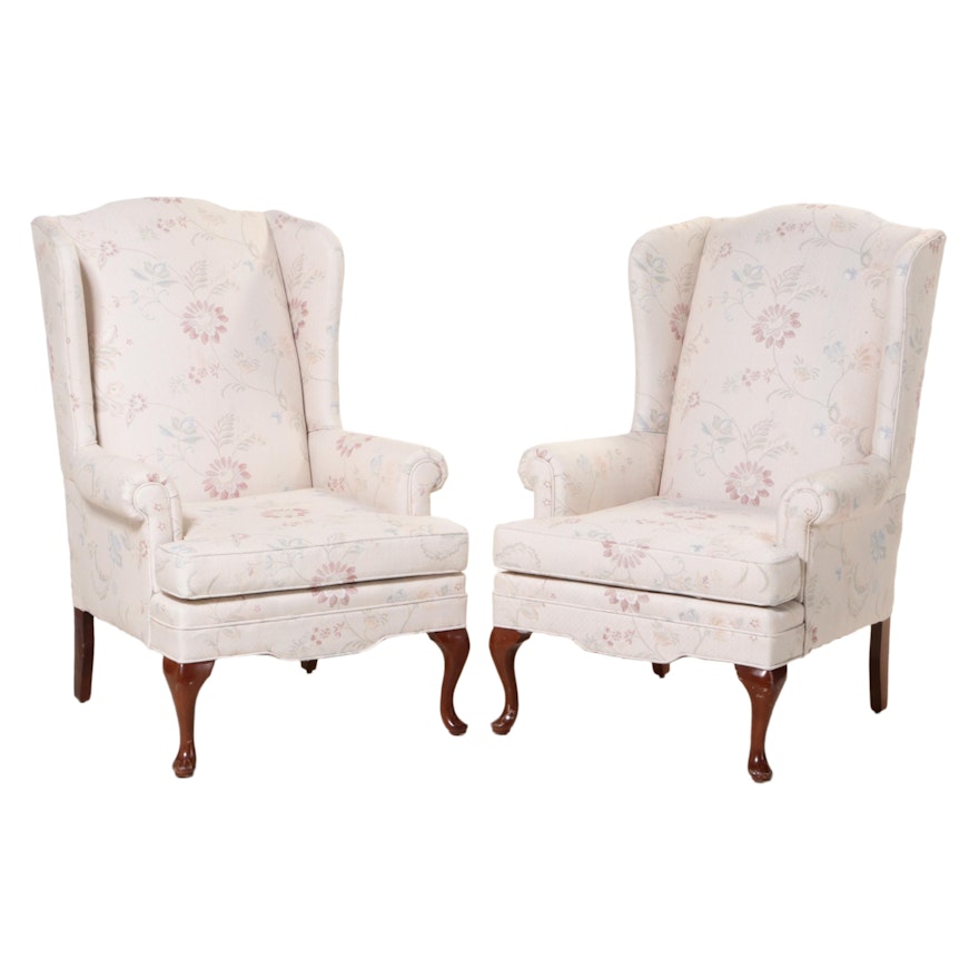Pair of Taylorsville Custom-Upholstered Queen Anne Style Wingback Armchairs