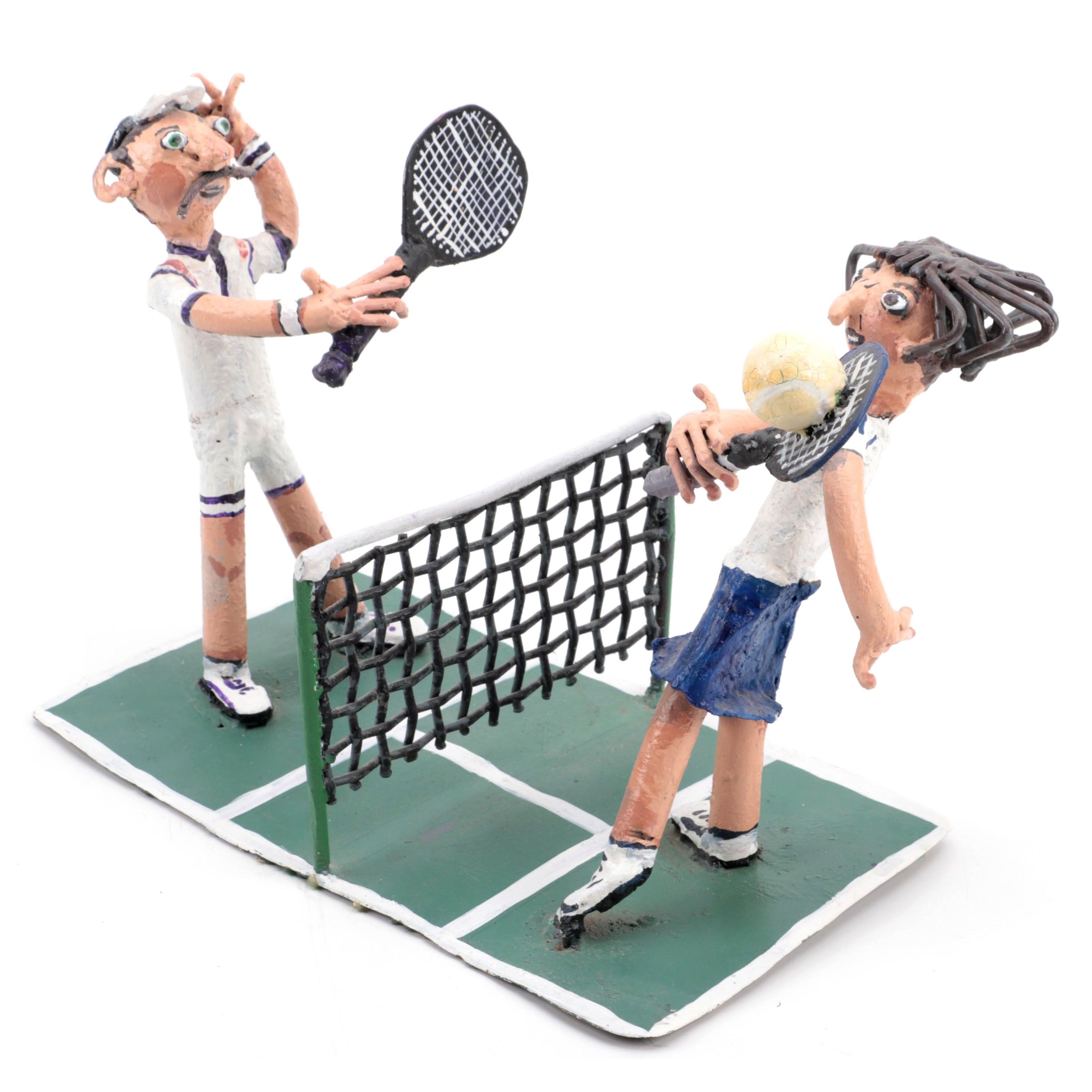 Hand Painted Metal Sculpture of Tennis Players