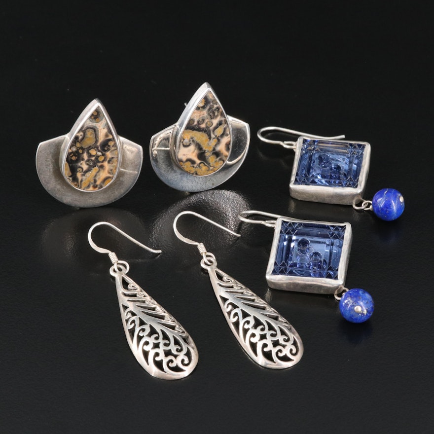 Sterling Earrings Including Lapis Lazuli, Jasper, Glass and Scrollwork