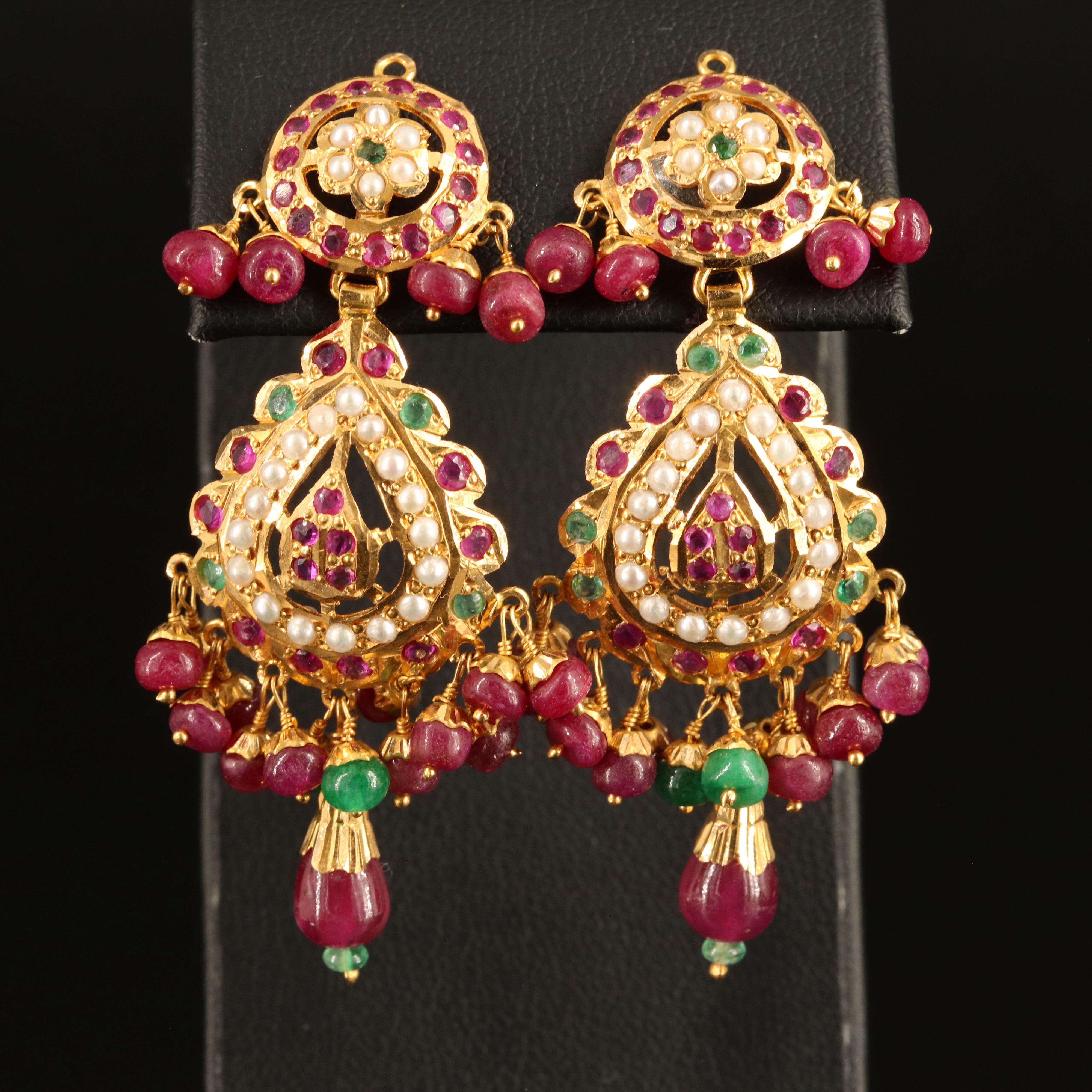22K Ruby, Emerald and Seed Pearl Earrings